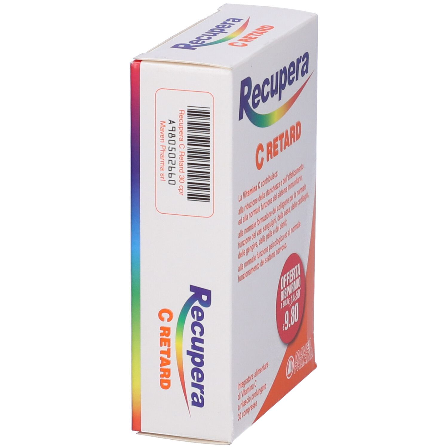 Vista laterale della confezione bianca del prodotto. Scritto: Recupera C Retard. Codice a barre e informazioni sul prodotto.