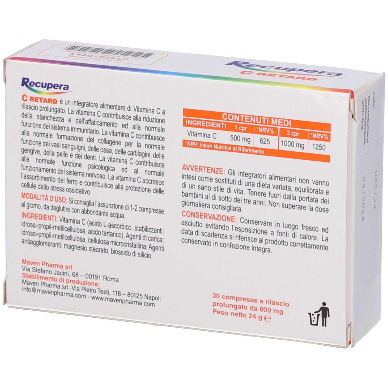 Retro della confezione del prodotto. Contiene informazioni sugli ingredienti, il dosaggio e le avvertenze.