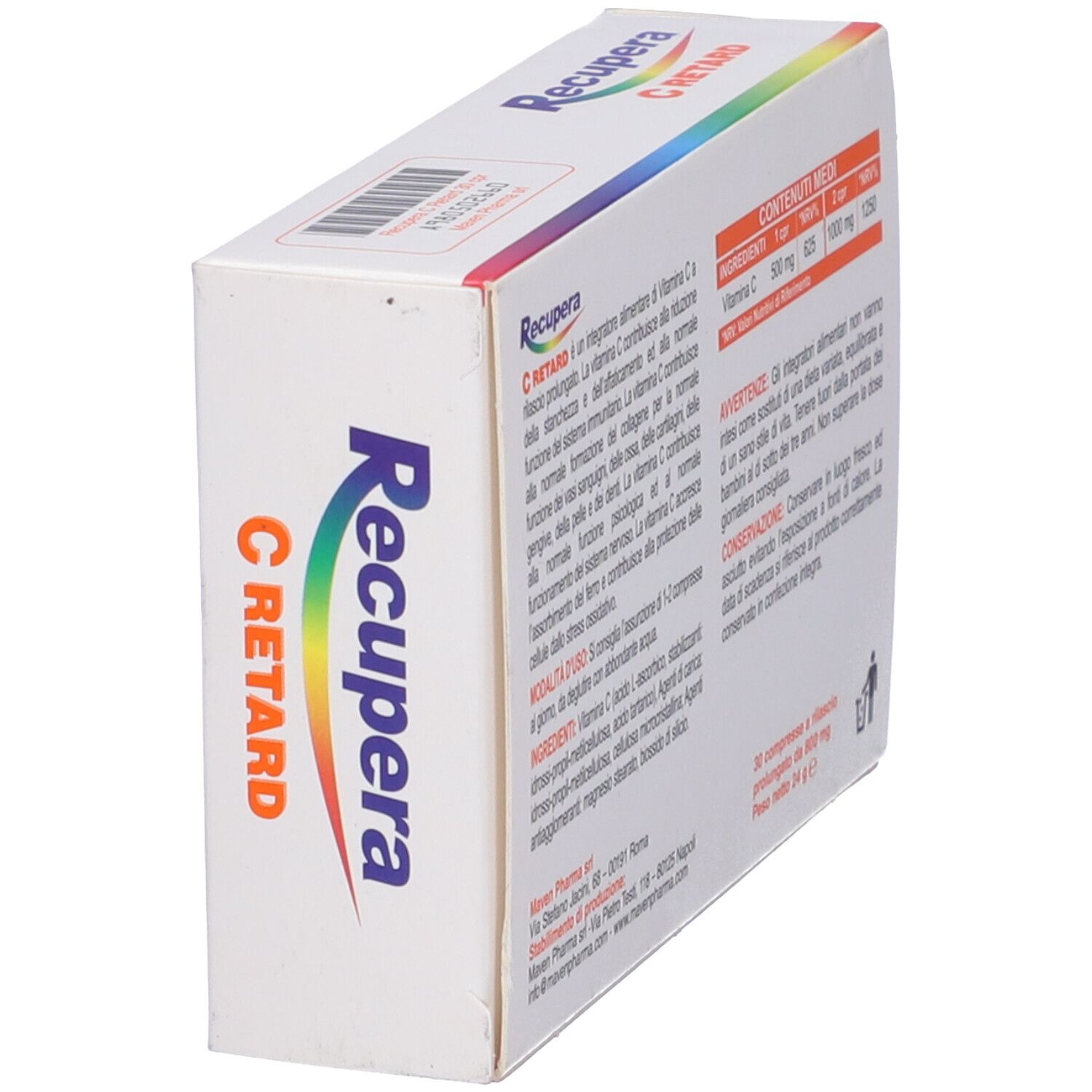 Vista obliqua della confezione del prodotto. Scritto: Recupera C Retard. Informazioni e ingredienti.