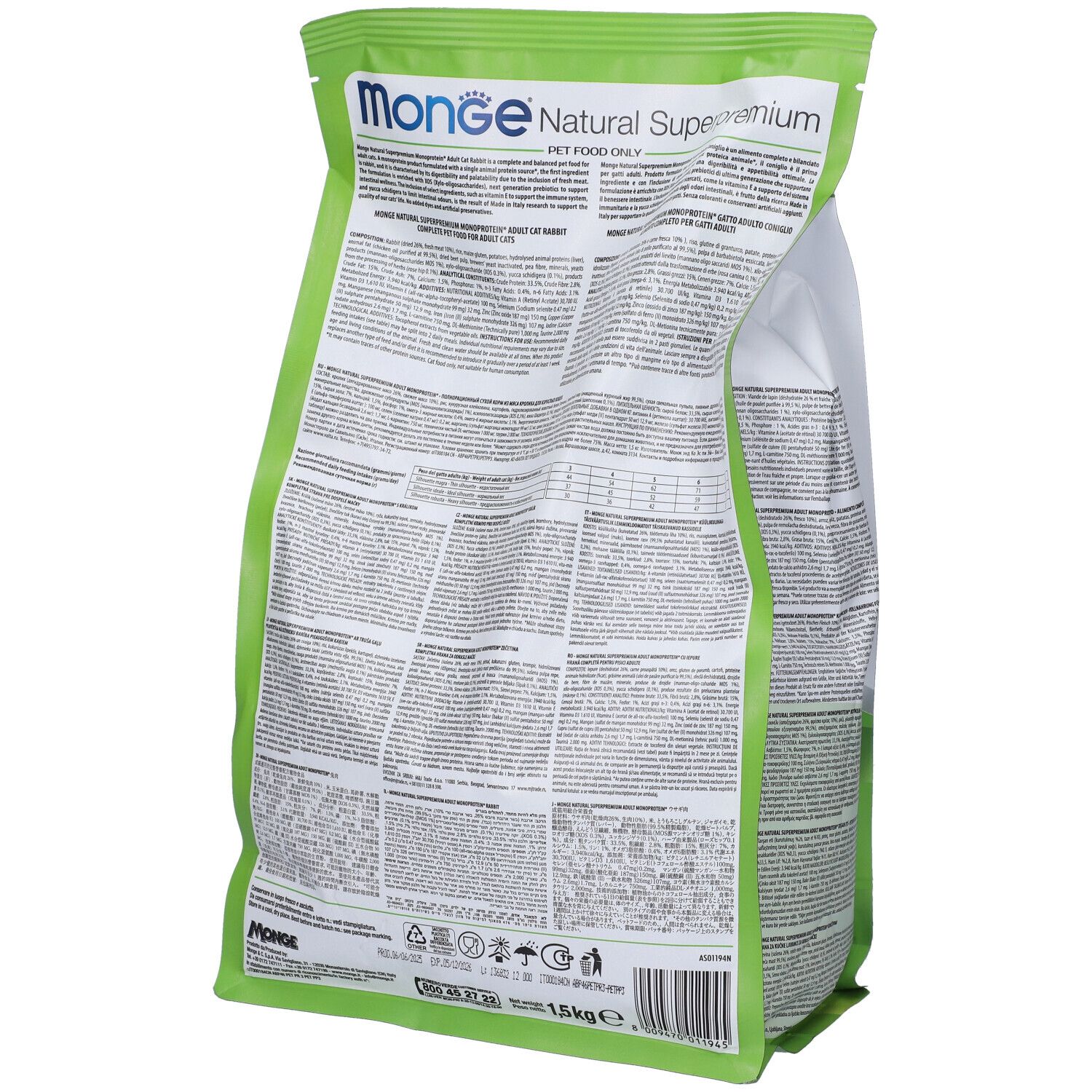 Retro del sacco di cibo per gatti Monge. Informazioni testuali su sfondo verde e bianco. Nome e dettagli.