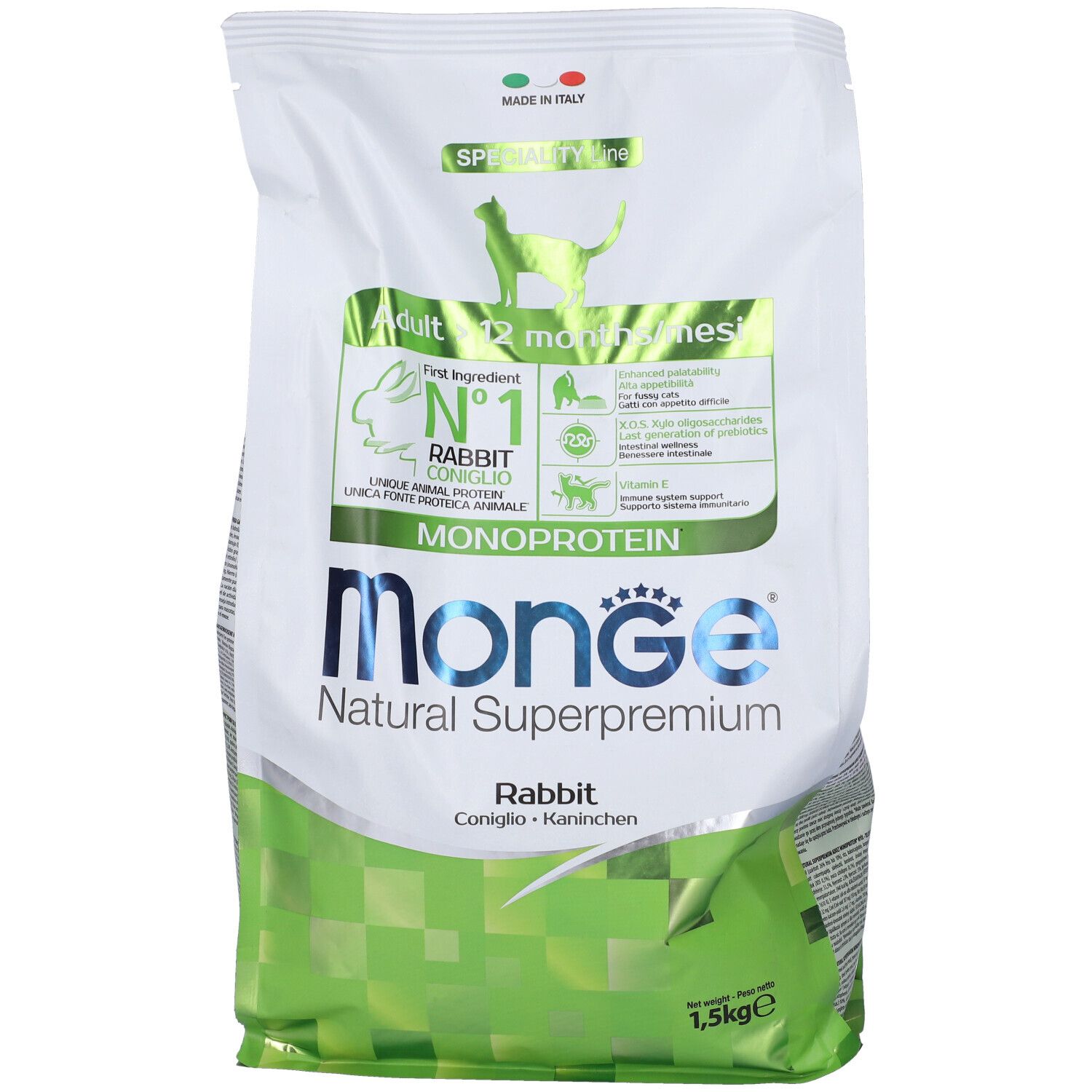 Monge Natural Superpremium cibo per gatti, Monoproteico Coniglio, sacco da 1,5 kg. Confezione verde e bianca con dettagli.