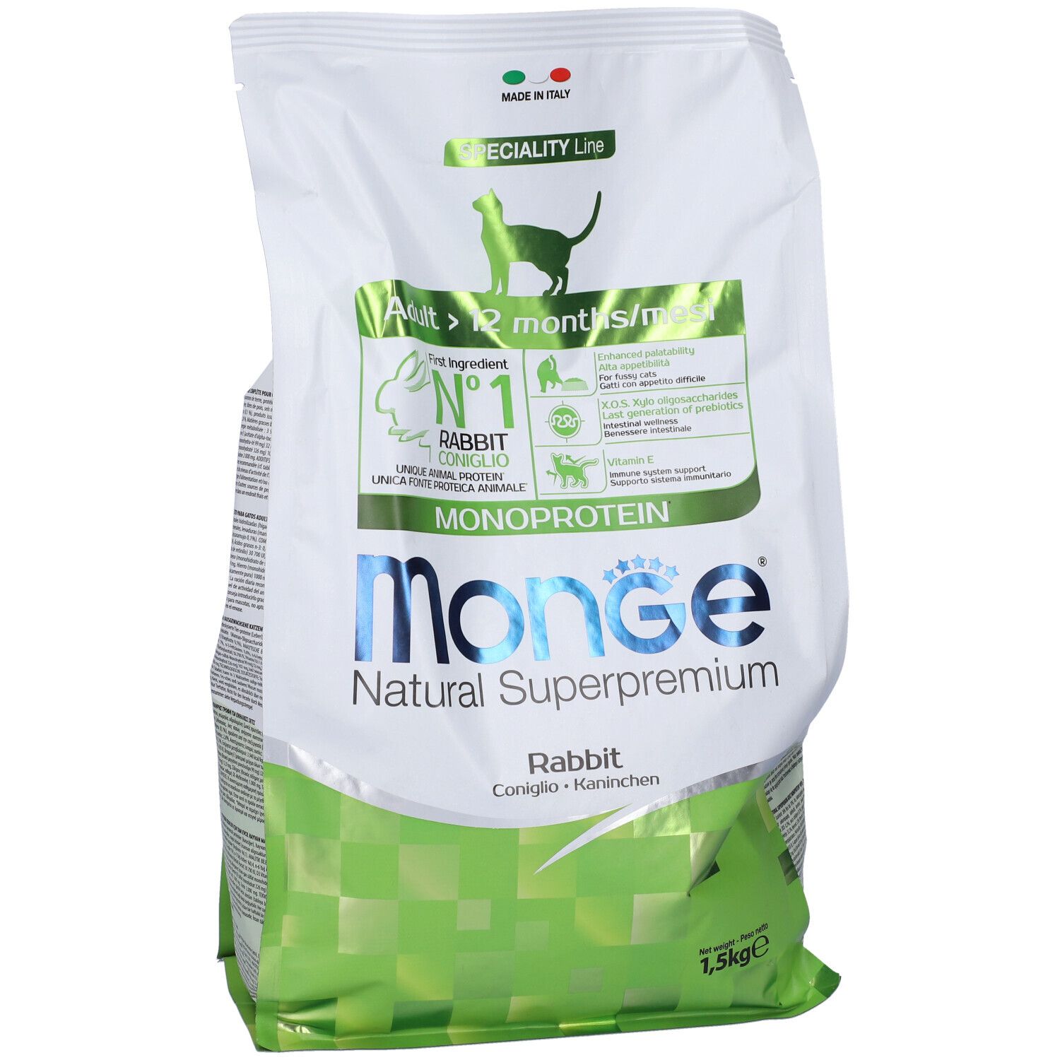 Monge Natural Superpremium cibo per gatti, Monoproteico Coniglio, sacco da 1,5 kg. Confezione verde e bianca con dettagli.