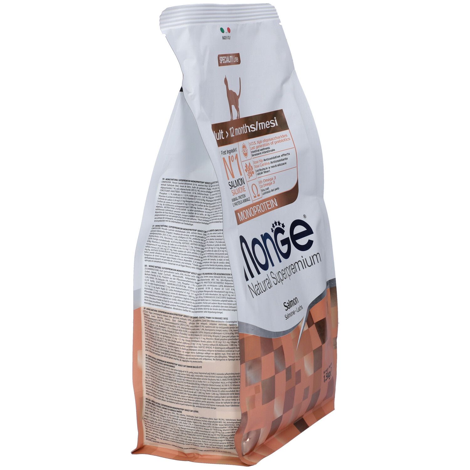Sacchetto di cibo per gatti Monge, vista laterale obliqua. Informazioni e logo visibili. Variante salmone.