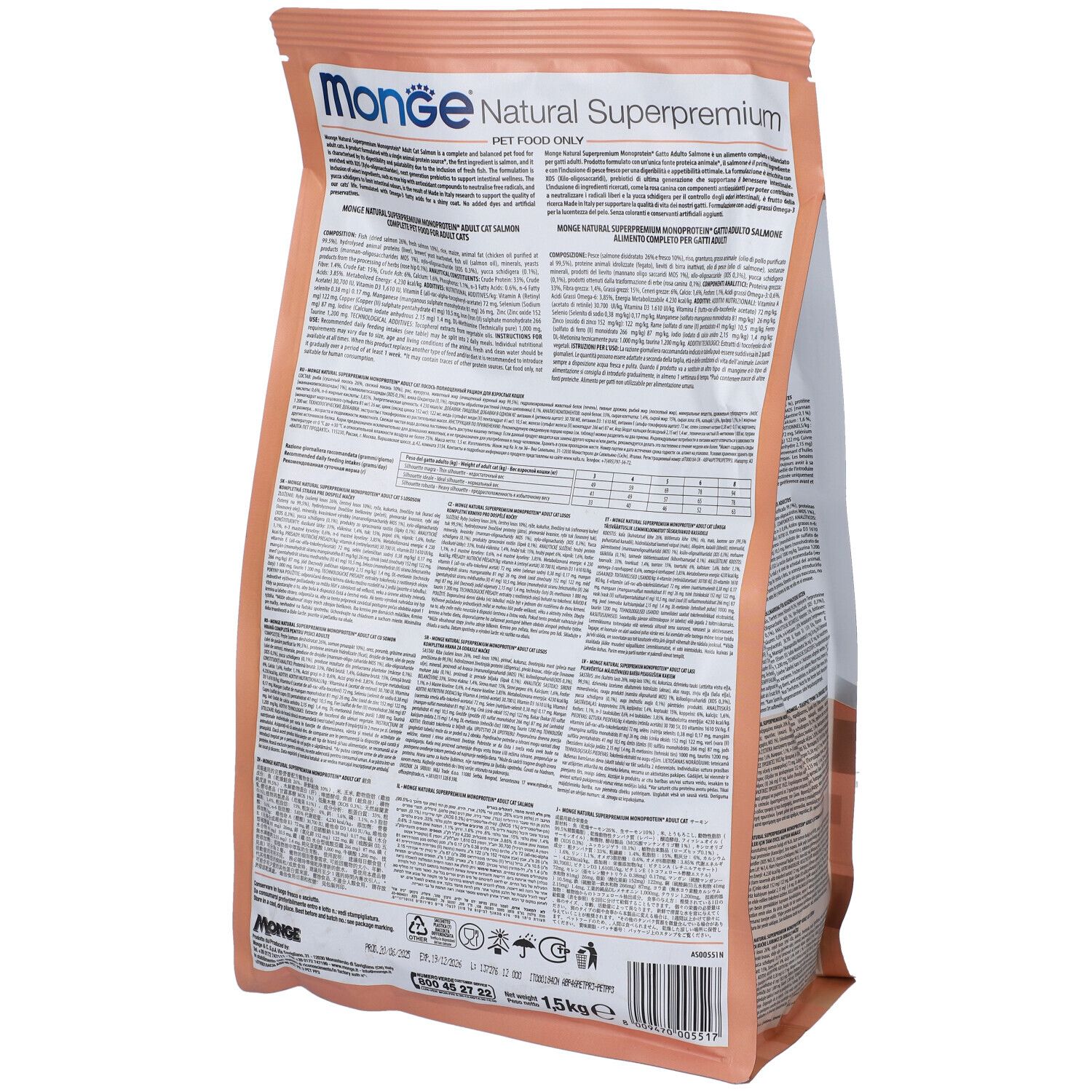 Retro del sacchetto di cibo per gatti Monge. Informazioni testuali e logo. Variante salmone. 1,5 kg.