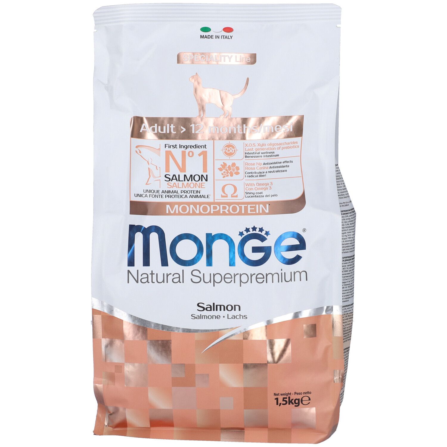 Sacchetto di cibo per gatti Monge Natural Superpremium al salmone. Informazioni sul prodotto e logo. 1,5 kg.