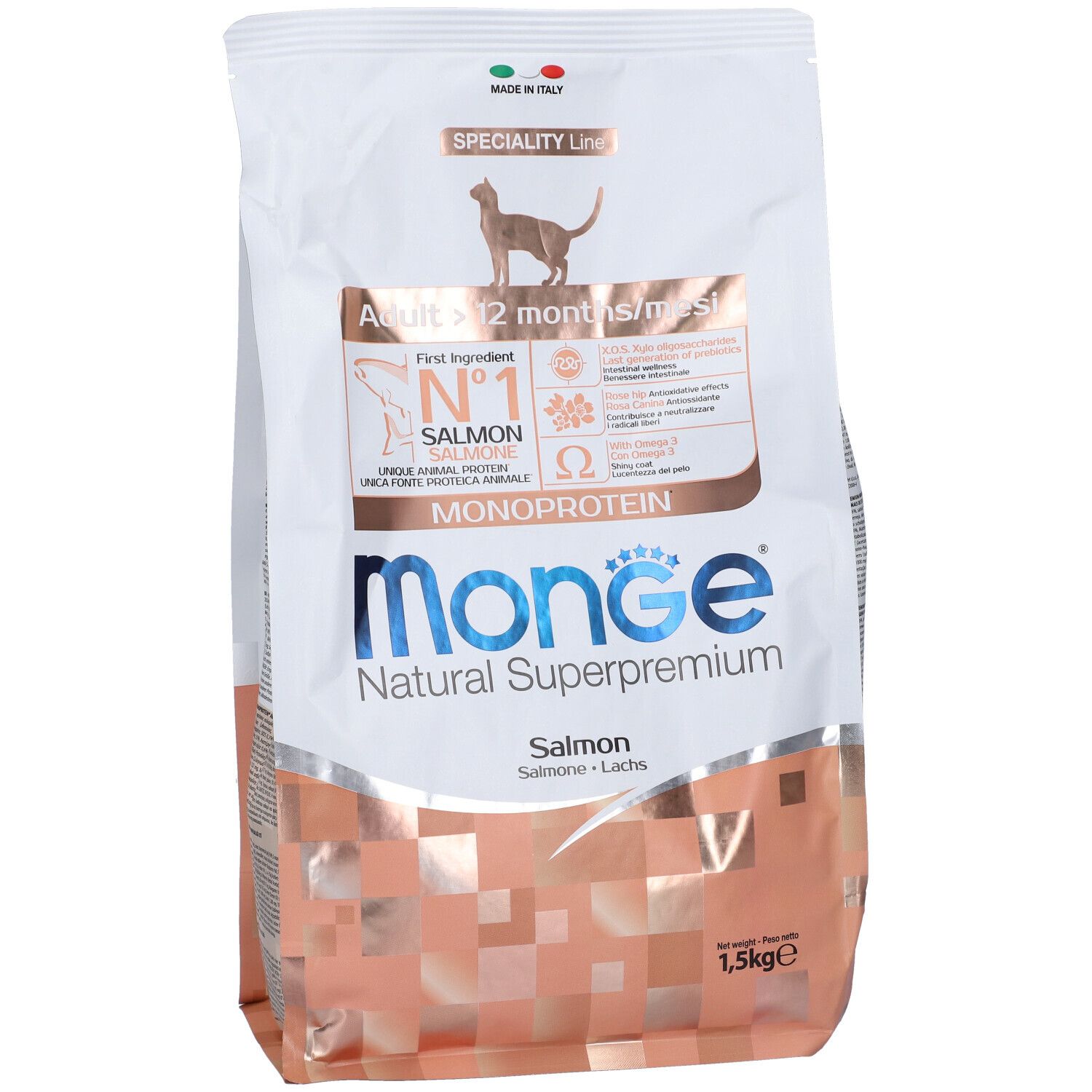 Sacchetto di cibo per gatti Monge Natural Superpremium al salmone. Informazioni sul prodotto e logo. 1,5 kg.