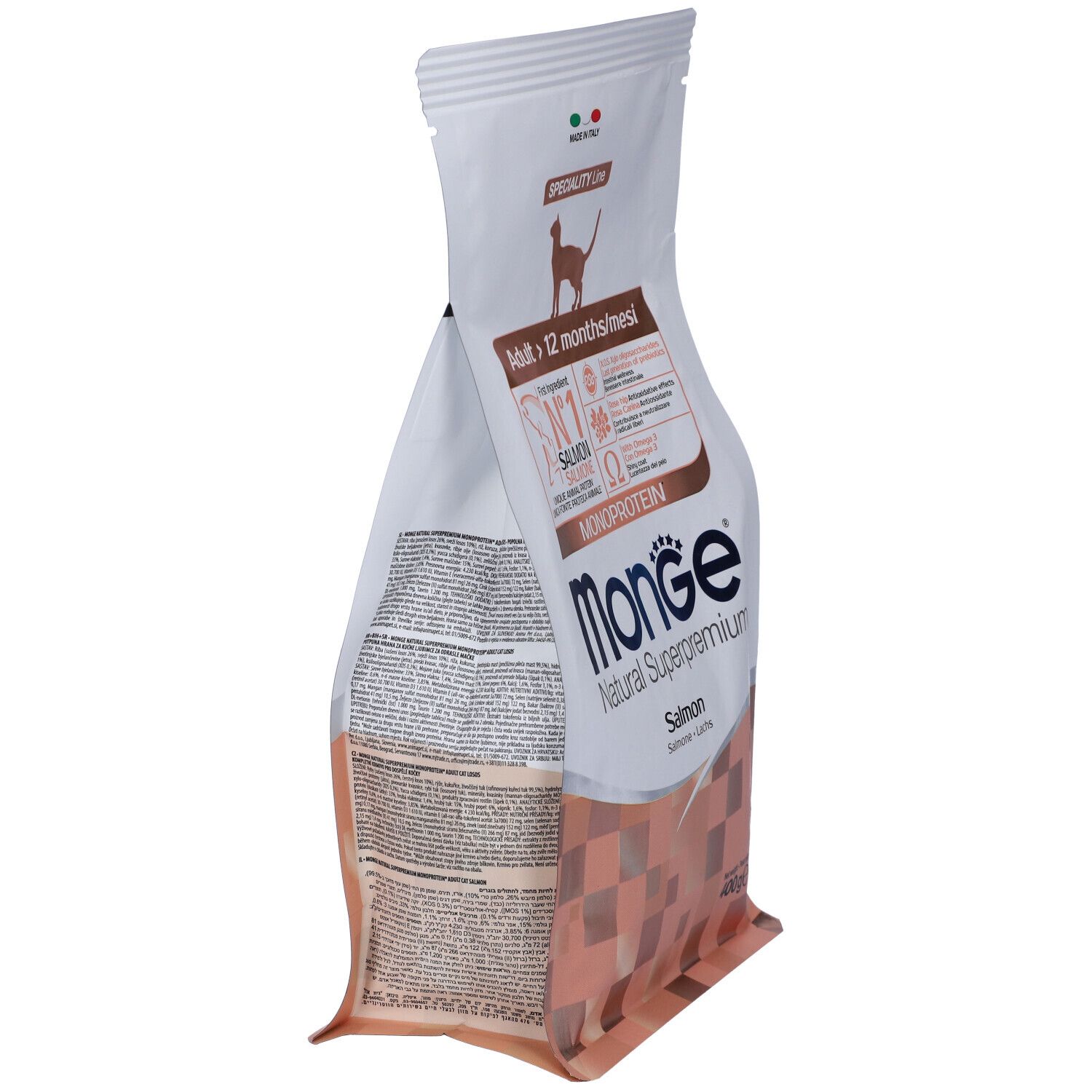 Confezione di cibo per gatti Monge, vista laterale. Bianca e rosa, con informazioni e logo Monge. Testo multilingue.