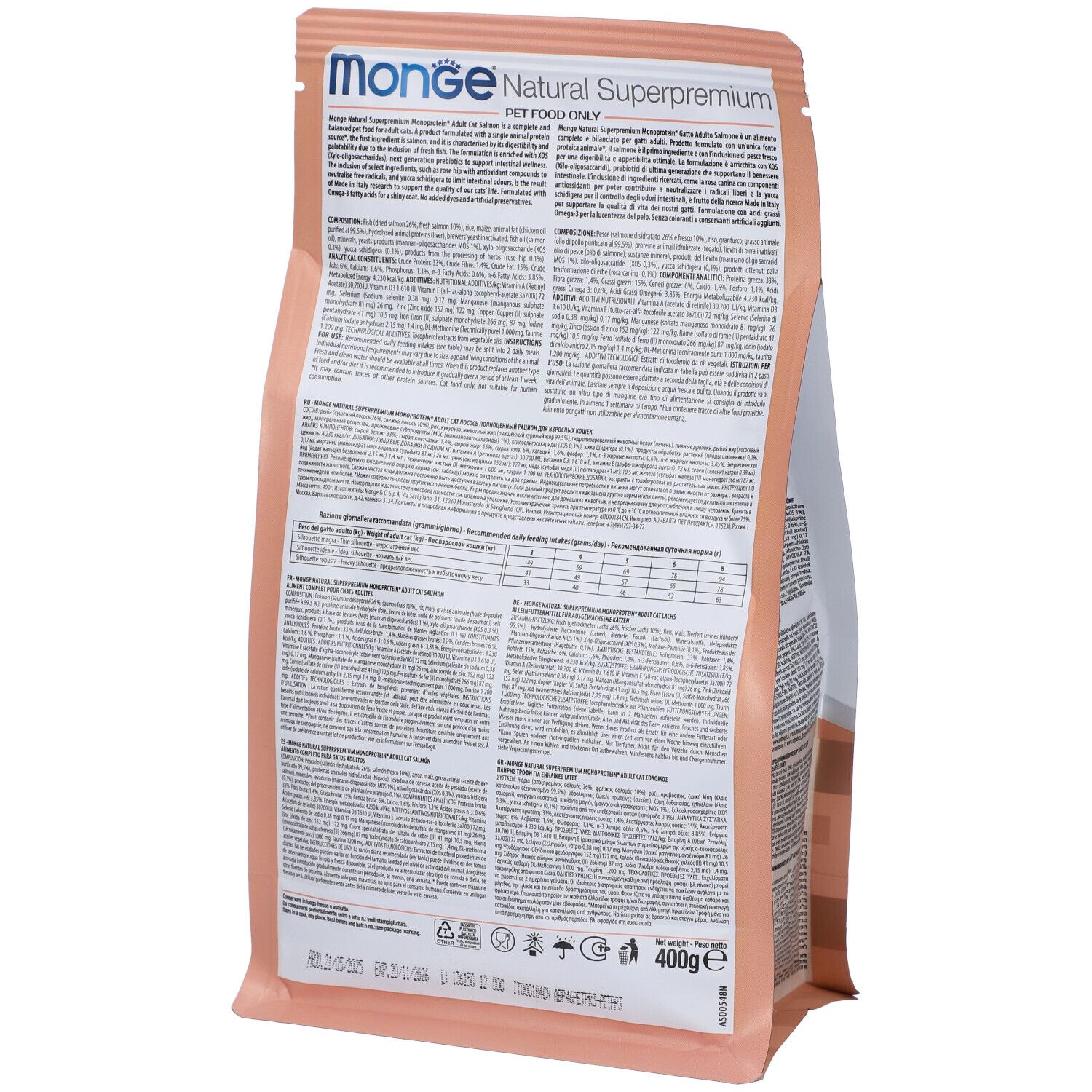 Retro della confezione di cibo per gatti Monge. Testo multilingue. Rosa e bianco. Peso 400g.