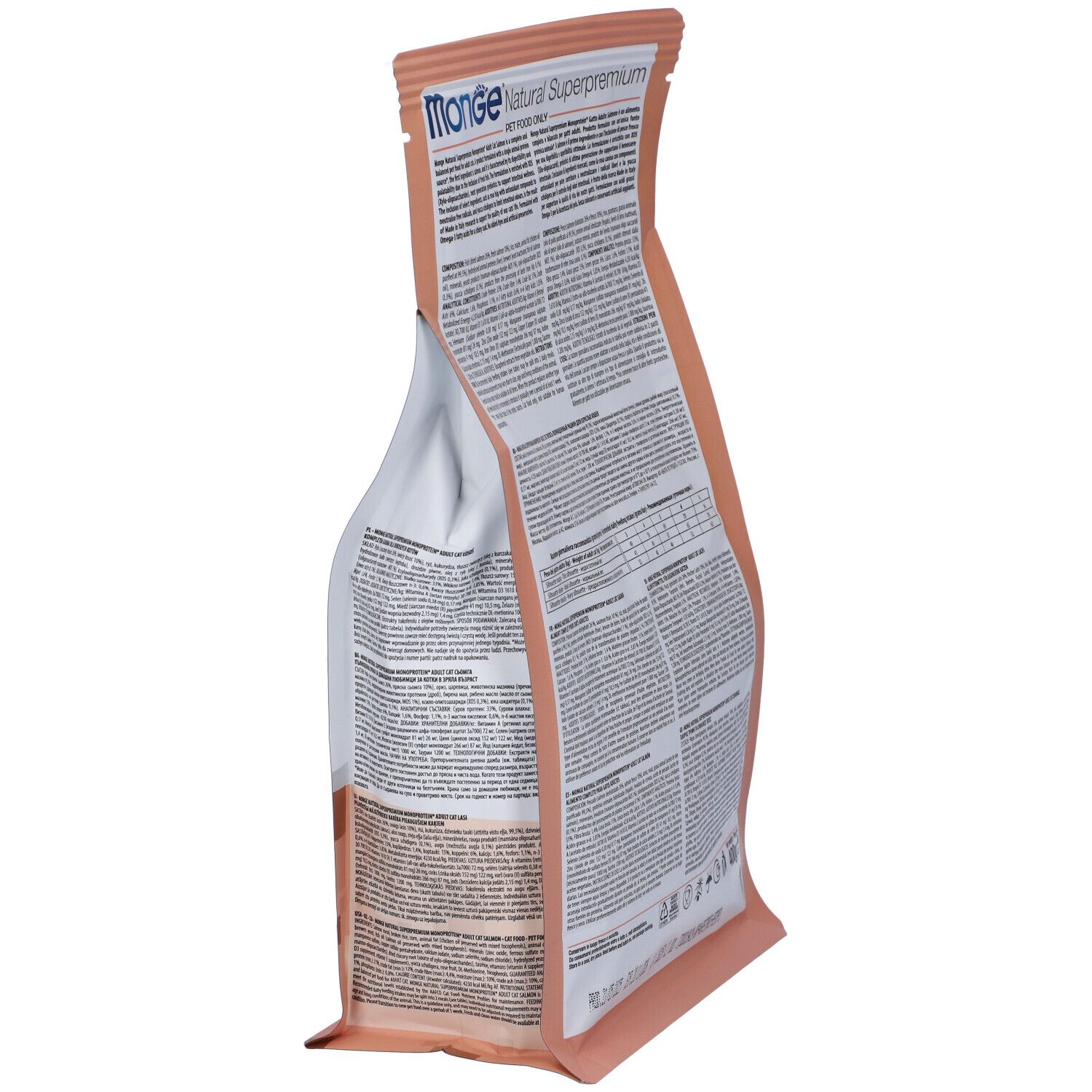 Confezione di cibo per gatti Monge, vista laterale. Rosa e bianca, con testo. Peso 400g.