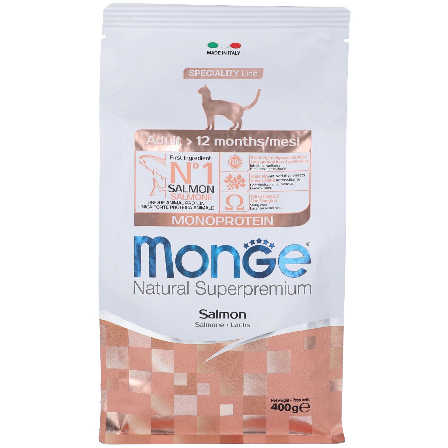 Monge Natural Superpremium Salmone per gatti. Confezione bianca e rosa con informazioni e logo Monge. 400g.