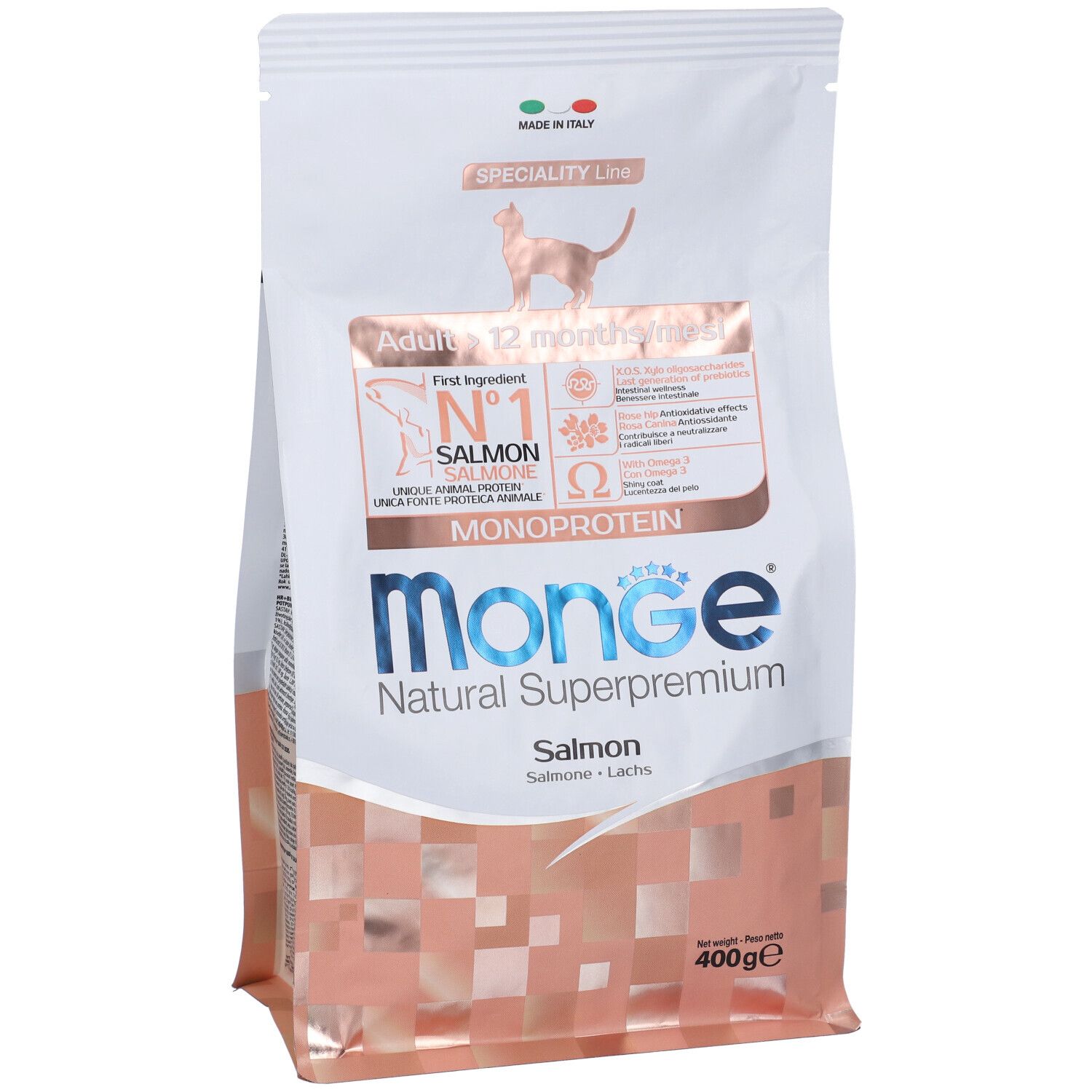 Monge Natural Superpremium Salmone per gatti. Confezione bianca e rosa con informazioni e logo Monge. 400g.