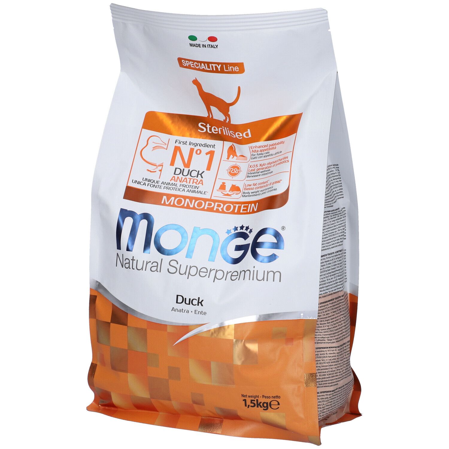 Monge Natural Superpremium cibo per gatti con Anatra. Sterilizzato, Monoproteico. 1,5 kg. Prodotto in Italia.