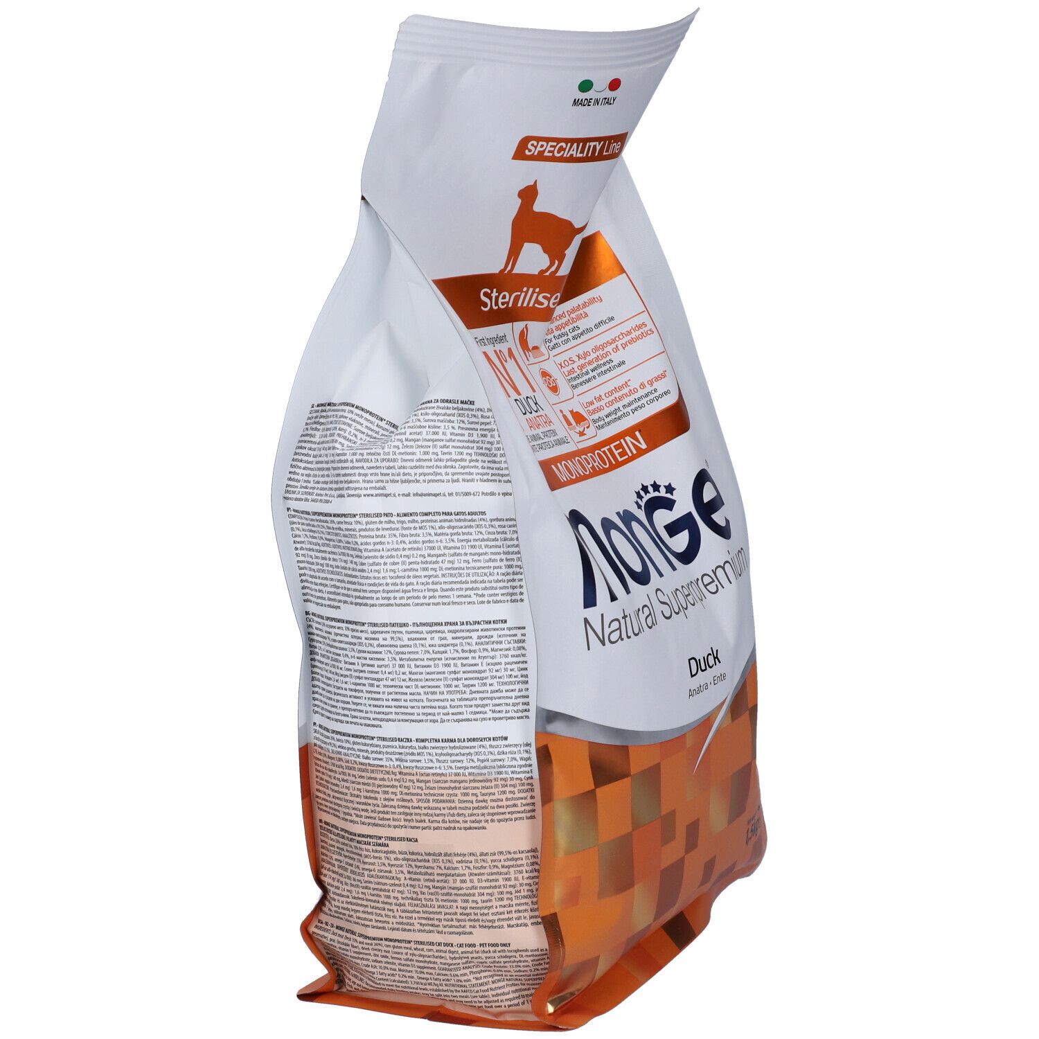 Confezione di cibo per gatti Monge, vista laterale. Testo: Sterilizzato, Monoproteico, Anatra. Confezione aperta.