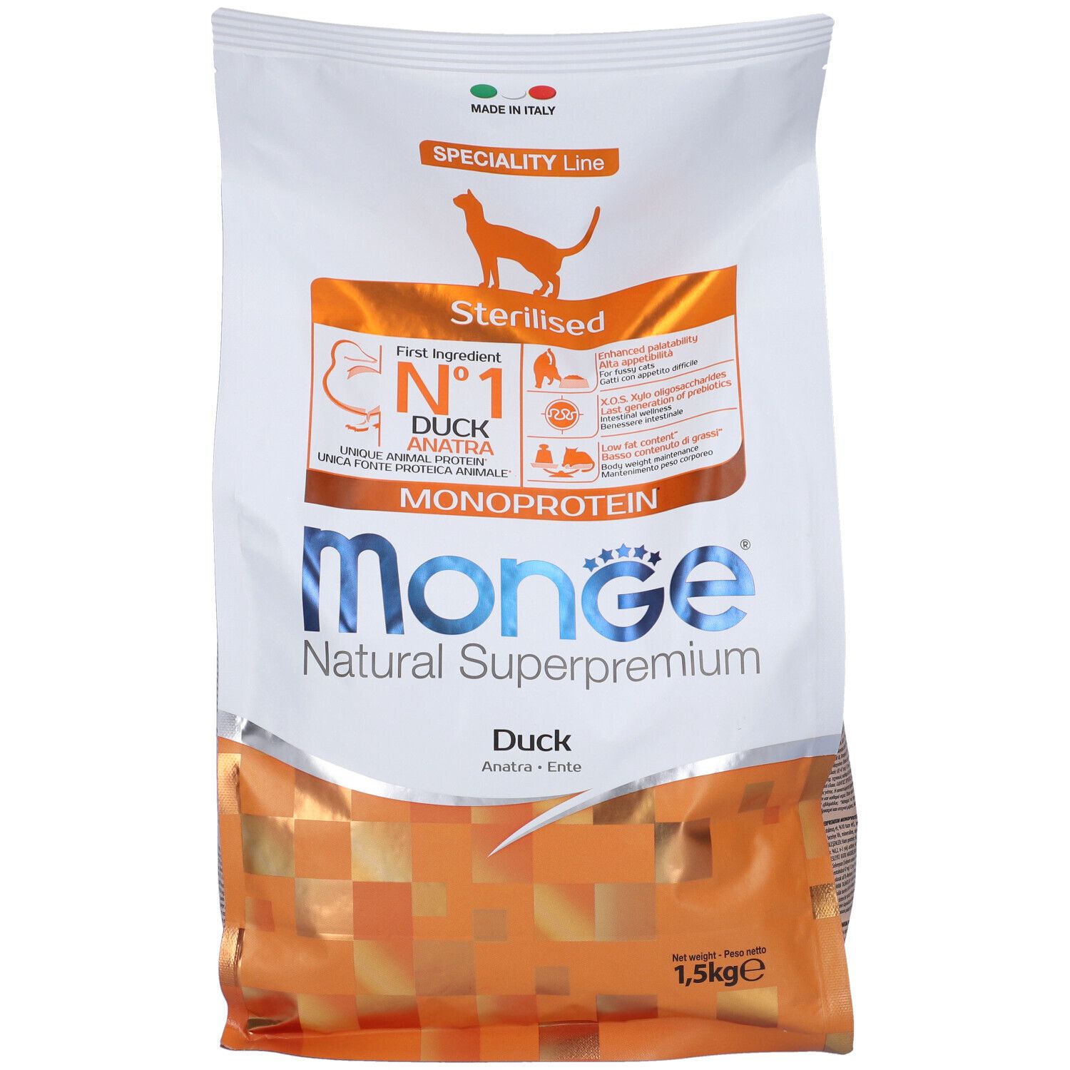 Monge Natural Superpremium cibo per gatti con Anatra. Sterilizzato, Monoproteico. 1,5 kg. Prodotto in Italia.