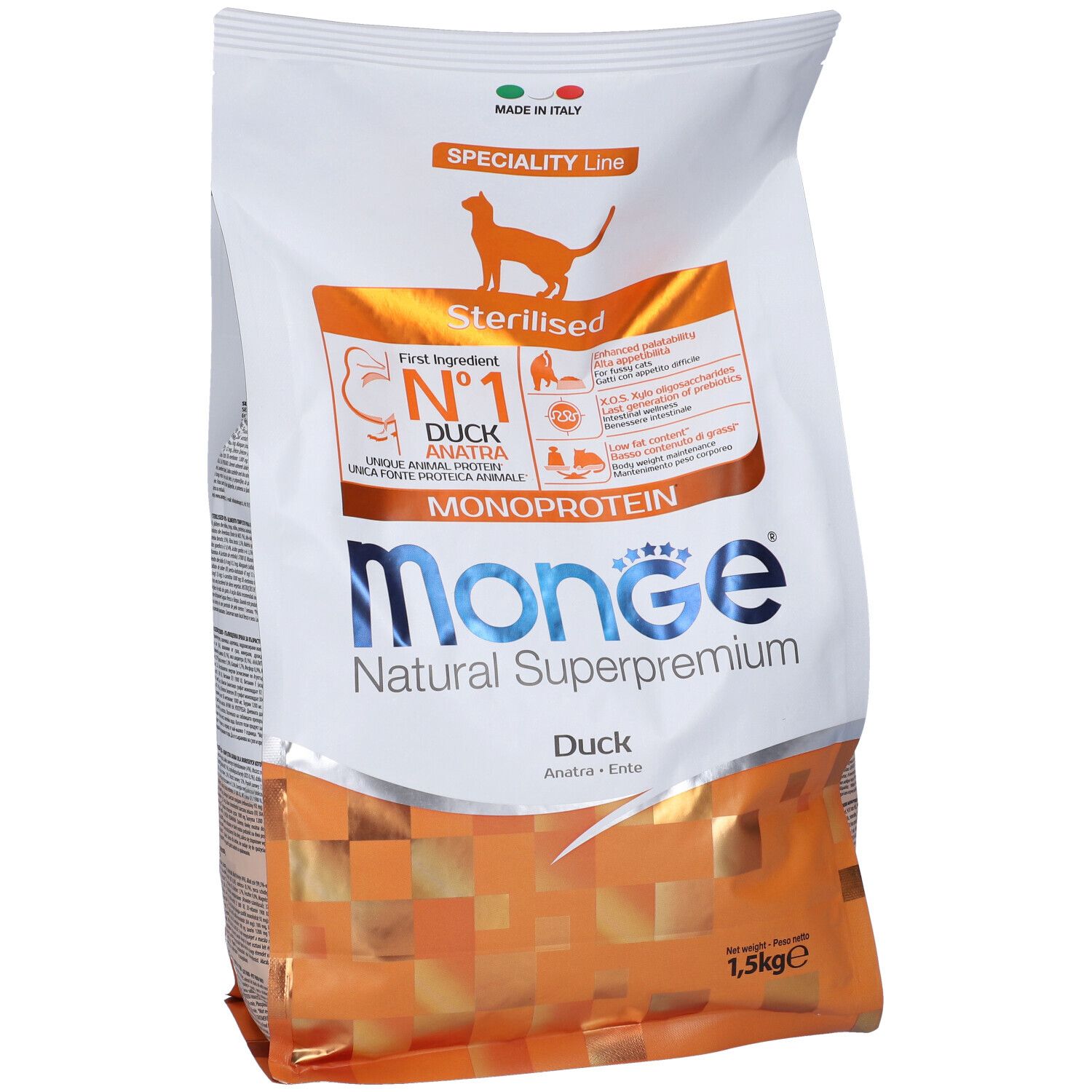 Monge Natural Superpremium cibo per gatti con Anatra. Sterilizzato, Monoproteico. 1,5 kg. Prodotto in Italia.