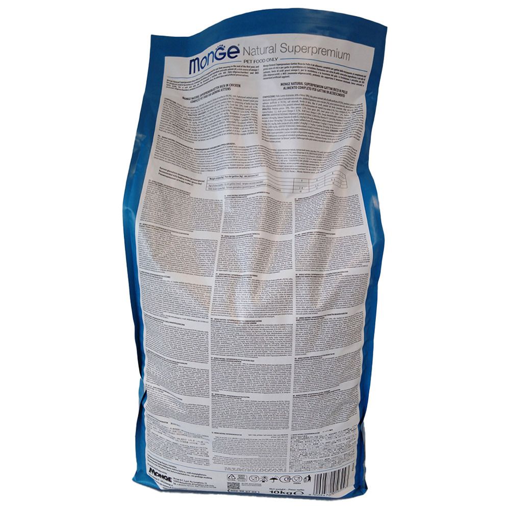 Retro del sacchetto di cibo per gattini Monge. Testo multilingue. Confezione blu.