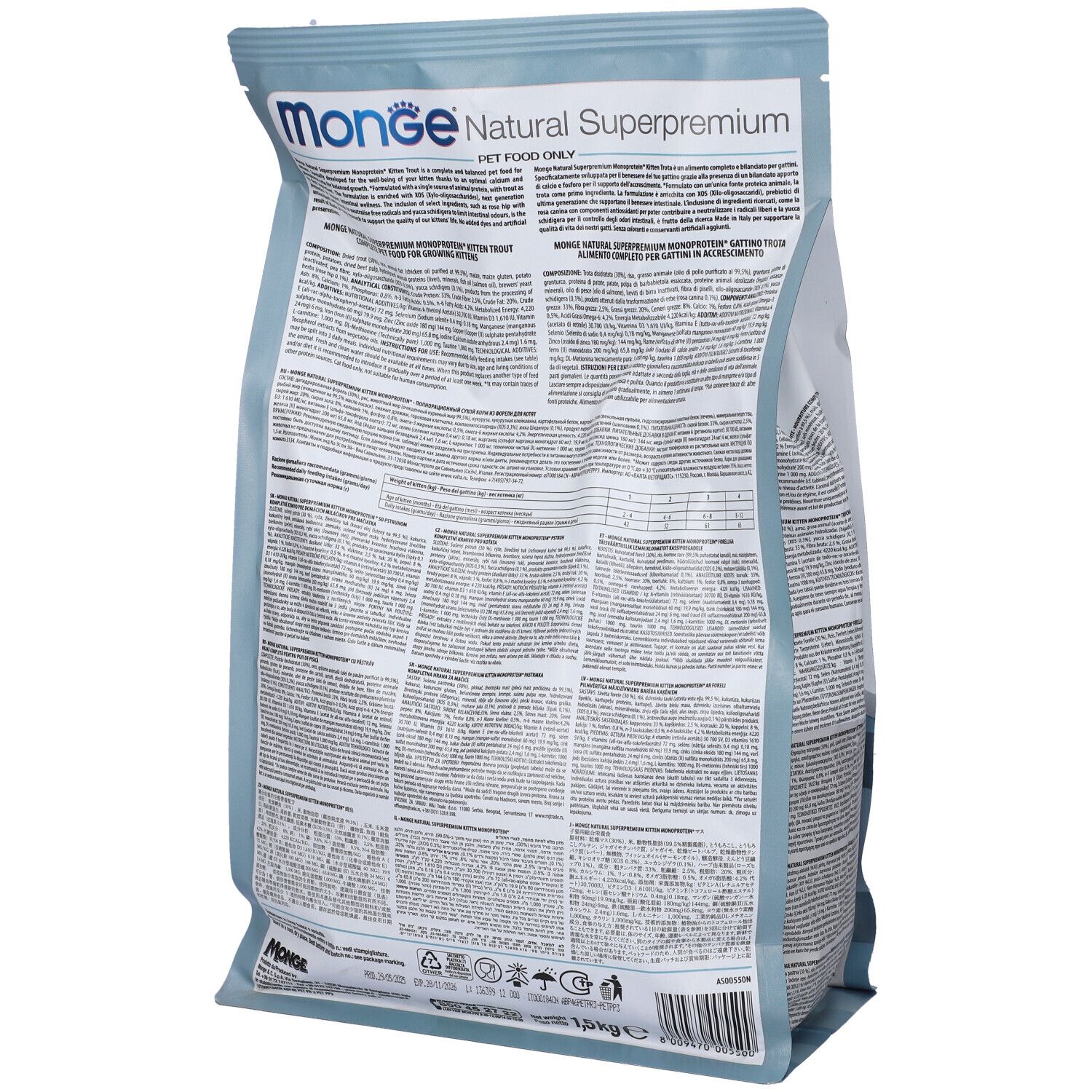 Retro del sacchetto di cibo per gatti Monge. Testo multilingue. Scritto: PET FOOD ONLY, 1,5 kg.