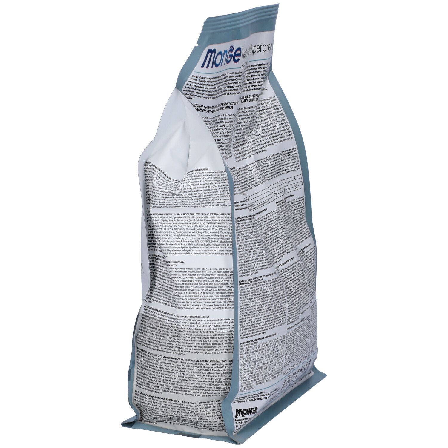 Sacchetto di cibo per gatti Monge, vista laterale. Scritto: Monge Natural Superpremium. Testo multilingue.