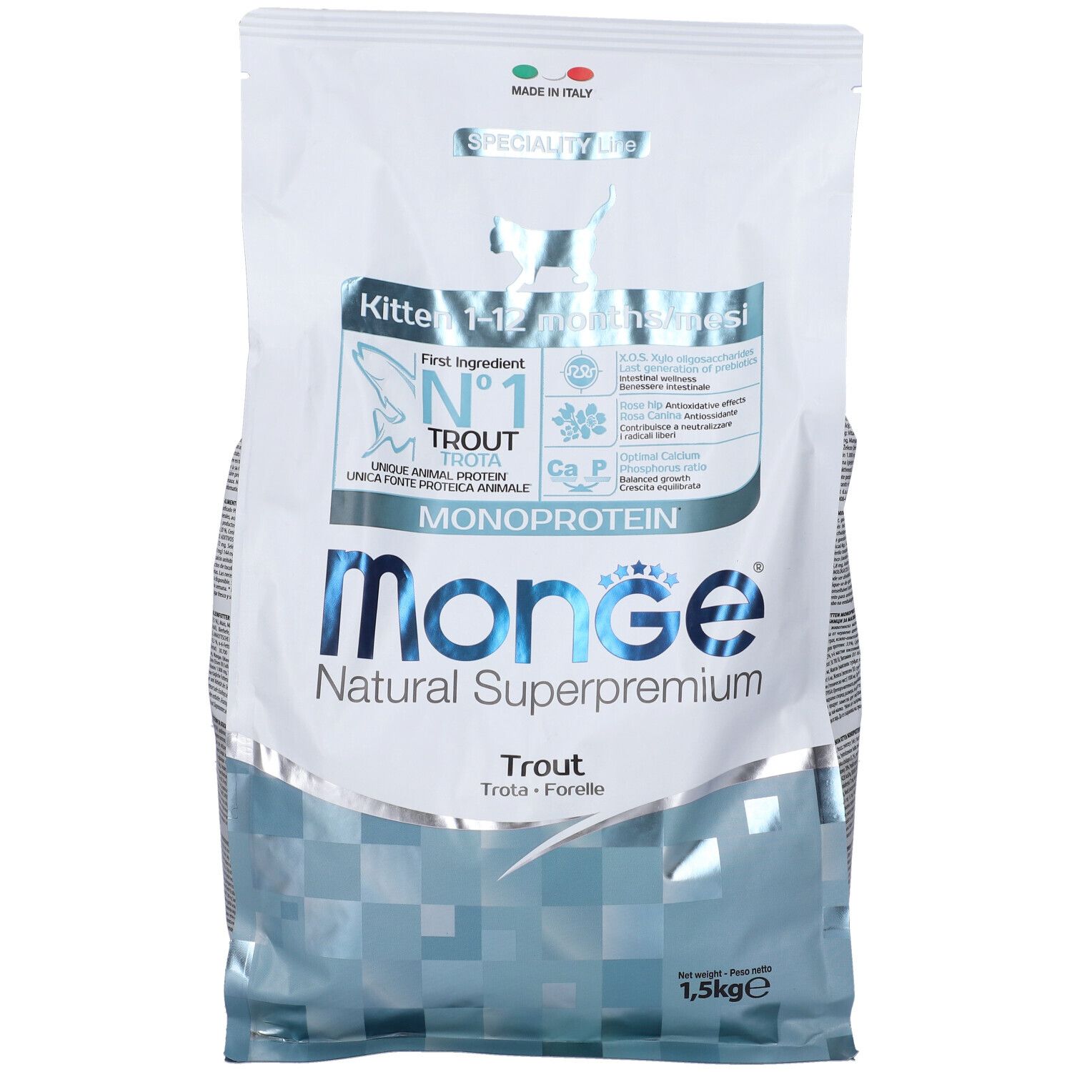 Sacchetto di cibo per gatti Monge. Scritto: Kitten 1-12 mesi, Trota, Monoproteico, 1,5 kg. Bandiera italiana.