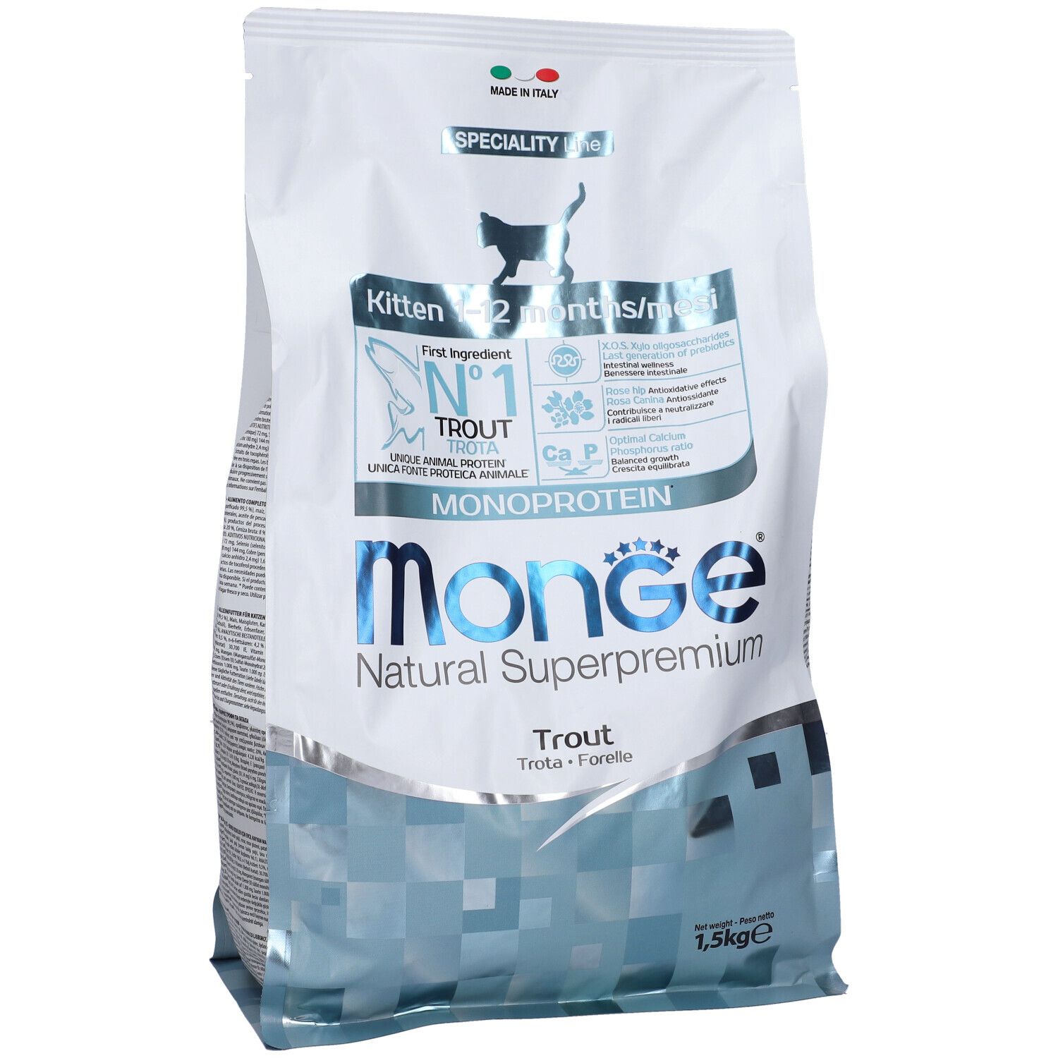 Sacchetto di cibo per gatti Monge. Scritto: Kitten 1-12 mesi, Trota, Monoproteico, 1,5 kg. Bandiera italiana.