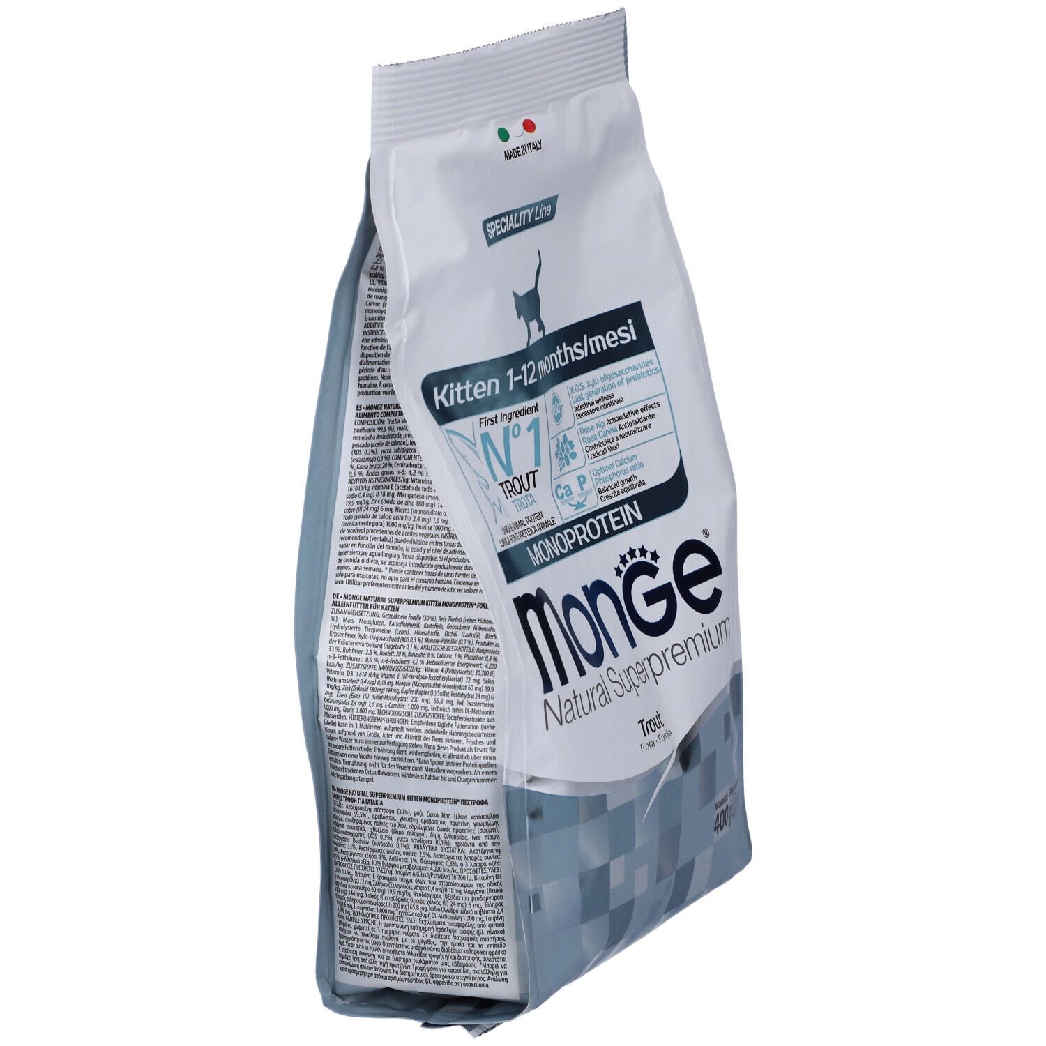 Confezione bianca e blu, vista laterale. Monge Natural Superpremium Kitten, cibo secco per gatti. Contiene trota.