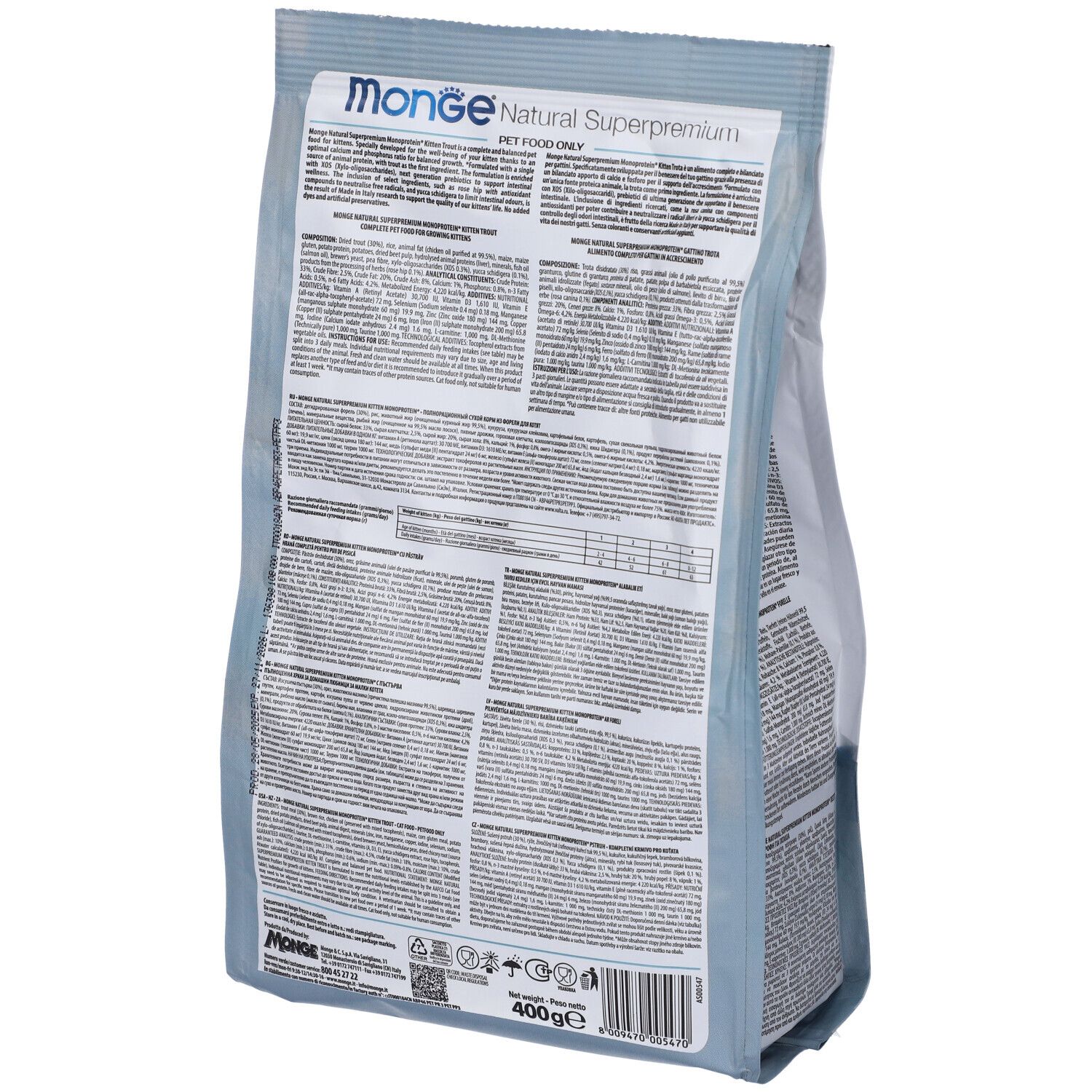 Retro della confezione. Informazioni testuali su sfondo bianco e blu. Monge Natural Superpremium, cibo secco per gatti.