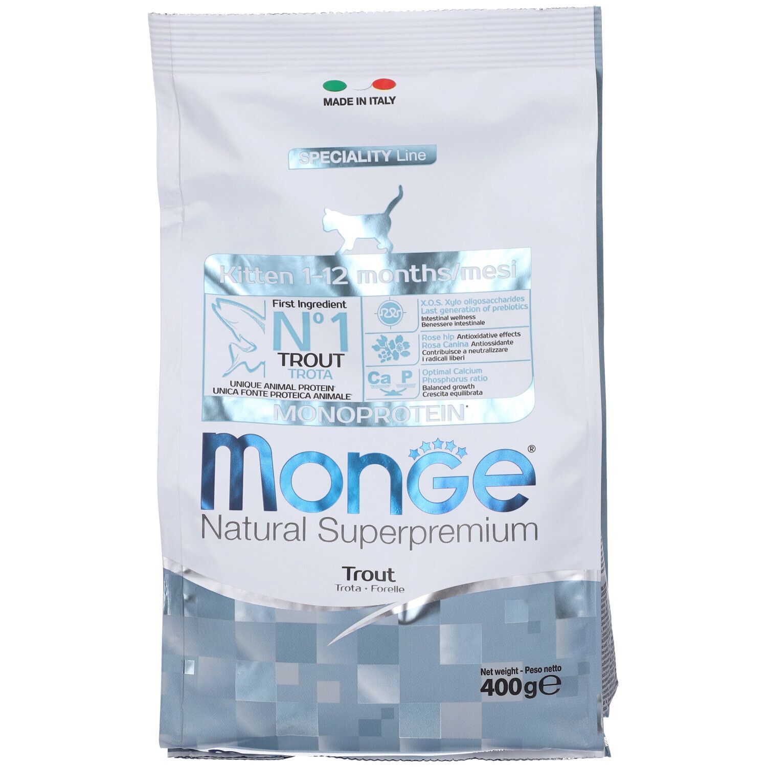 Confezione bianca e blu con informazioni sul prodotto. Monge Natural Superpremium Kitten, cibo secco per gatti. Contiene trota.