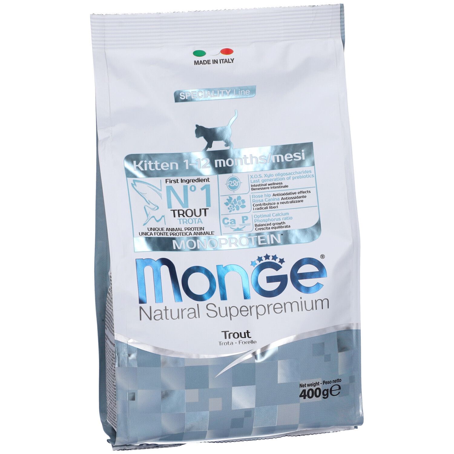 Confezione bianca e blu con informazioni sul prodotto. Monge Natural Superpremium Kitten, cibo secco per gatti. Contiene trota.