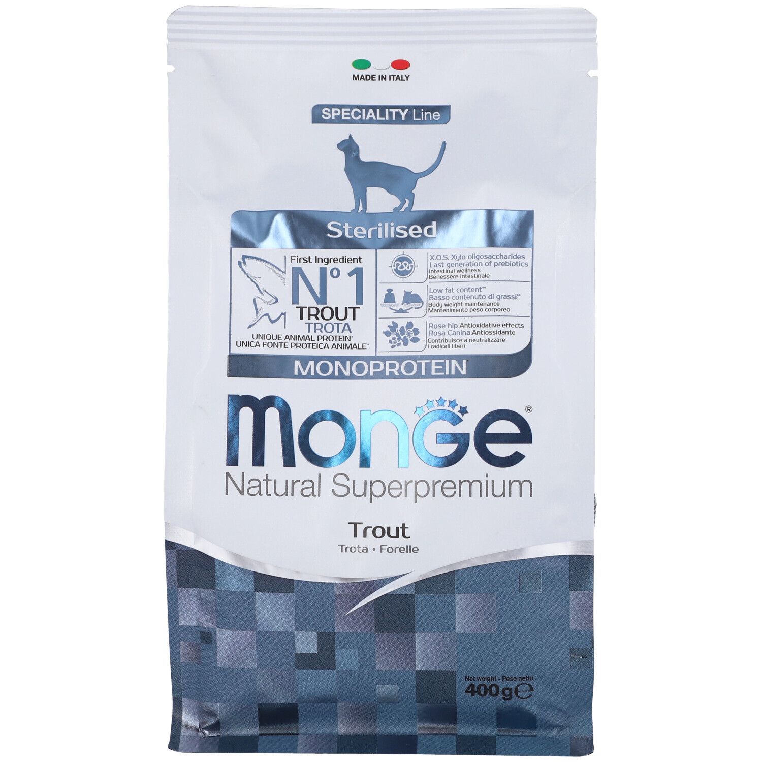 Confezione di cibo secco Monge Natural Superpremium per gatti sterilizzati. Monoproteico Trota. 400g.