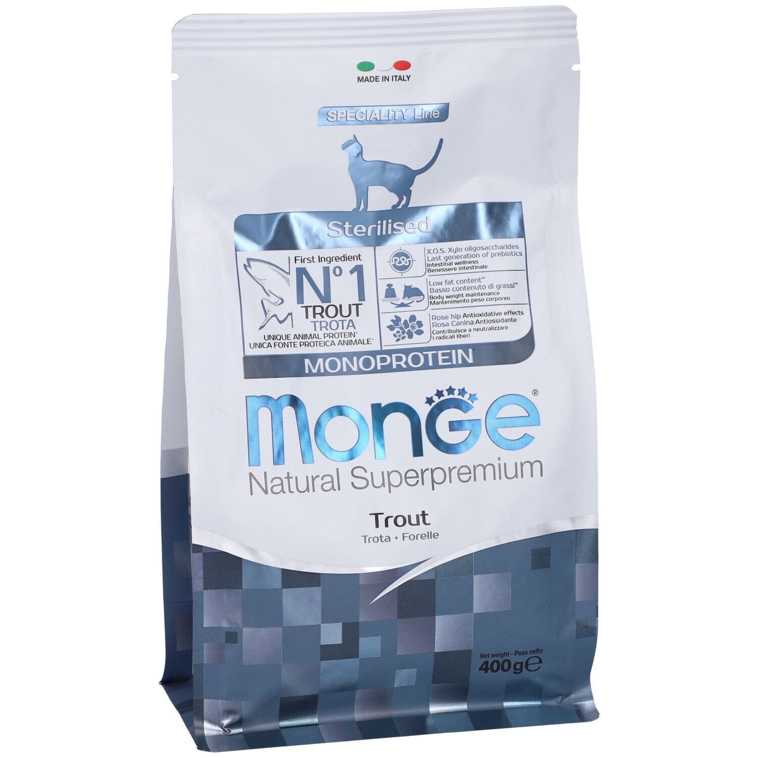 Confezione di cibo secco Monge Natural Superpremium per gatti sterilizzati. Monoproteico Trota. 400g.
