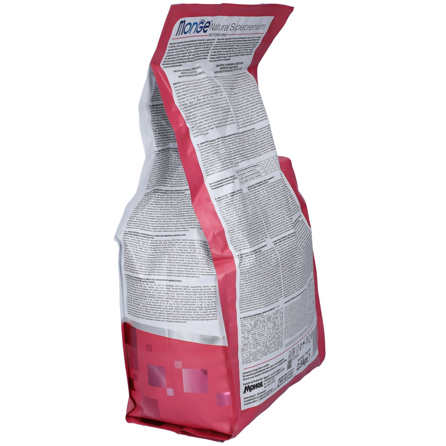 Sacchetto di cibo per cani Monge, in diagonale. Retro. Bianco e rosso. Campi di testo con informazioni. Scritta: 2,5 kg.