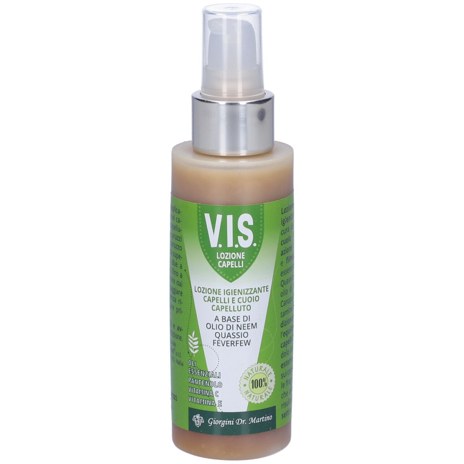 Vis Lozione Capelli 125ml. Flacone con vaporizzatore. Etichetta verde e bianca. Scritta: 'V.I.S. Lozione Capelli'.