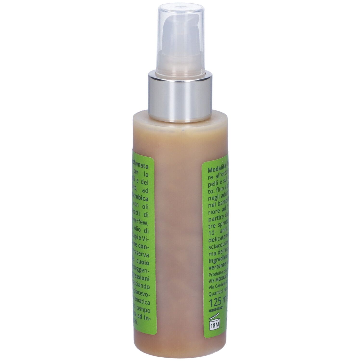 Vis Lozione Capelli 125ml. Flacone con vaporizzatore. Retro con testo. Scritta: '125 ml'.
