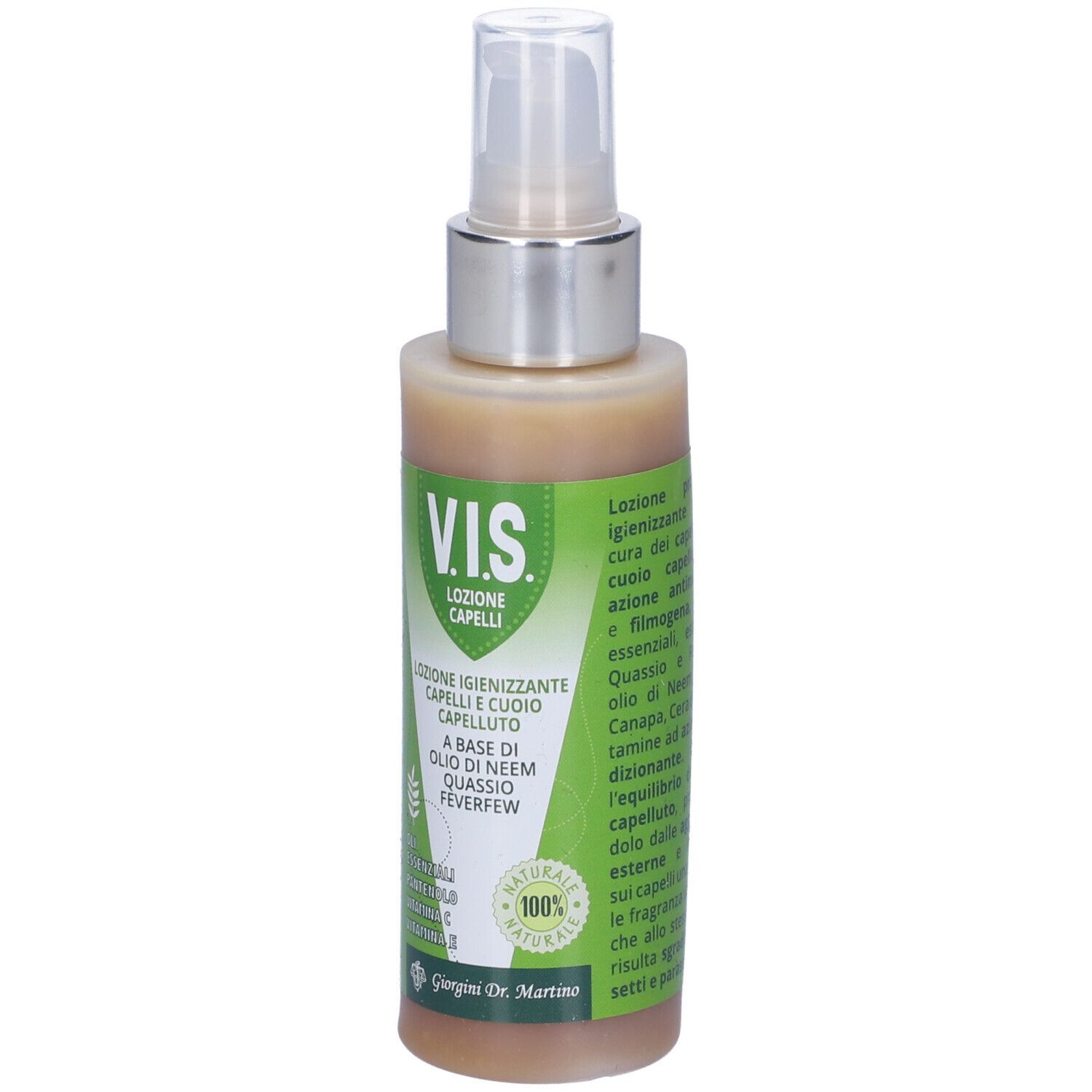 Vis Lozione Capelli 125ml. Flacone con vaporizzatore. Parte anteriore con testo. Scritta: 'V.I.S. Lozione Capelli'.