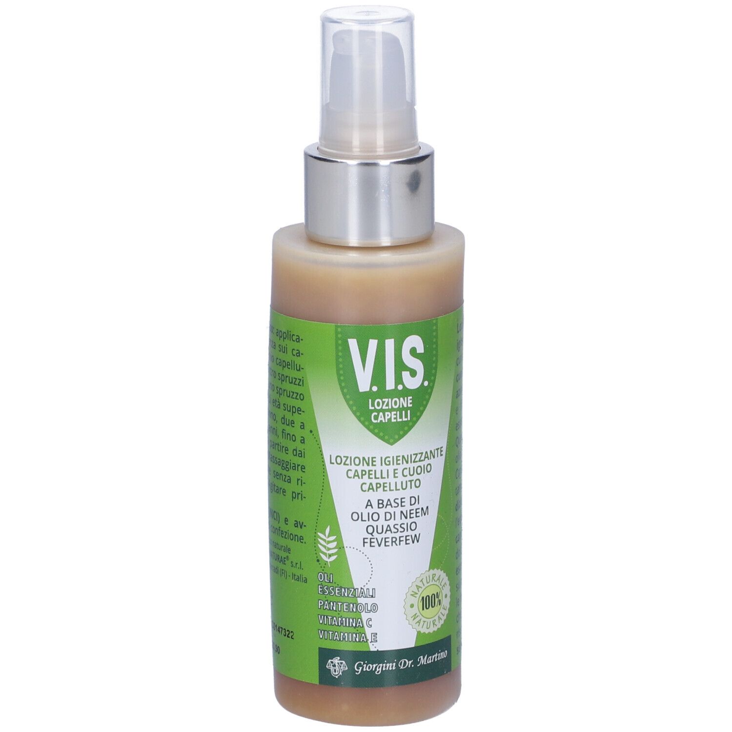 Vis Lozione Capelli 125ml. Flacone con vaporizzatore. Parte anteriore con testo. Scritta: 'V.I.S. Lozione Capelli'.