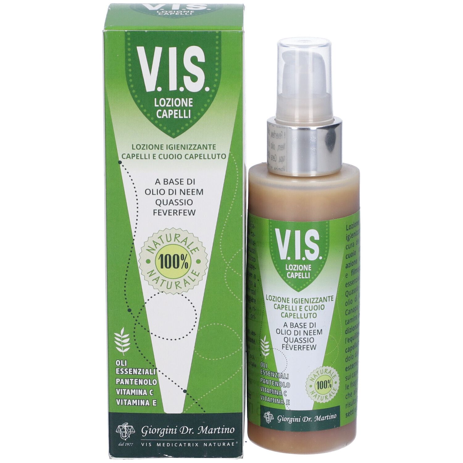 Vis Lozione Capelli 125ml. Flacone e confezione. Confezione verde e bianca, flacone con vaporizzatore.