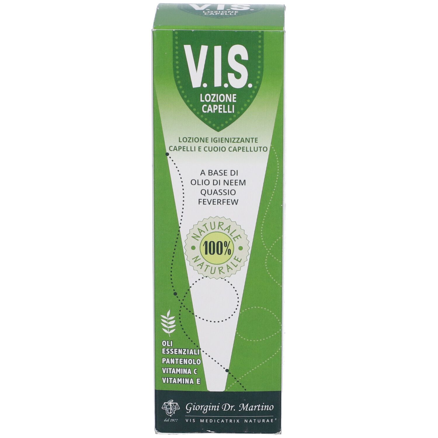 Vis Lozione Capelli 125ml. Confezione. Confezione verde e bianca. Scritta: 'V.I.S. Lozione Capelli'.