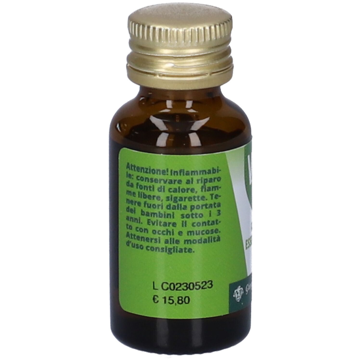 Flacone di vetro marrone con tappo dorato. Etichetta verde con avvertenze e prezzo. Produttore: Giorgini Dr. Martino.