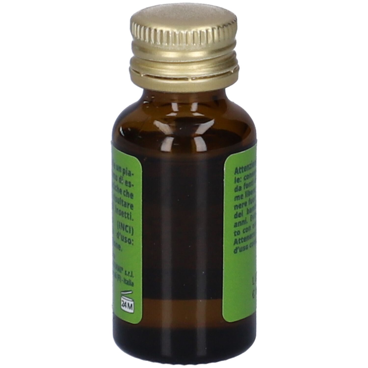 Flacone di vetro marrone con tappo dorato. Etichetta verde con testo e ingredienti. Produttore: Giorgini Dr. Martino.