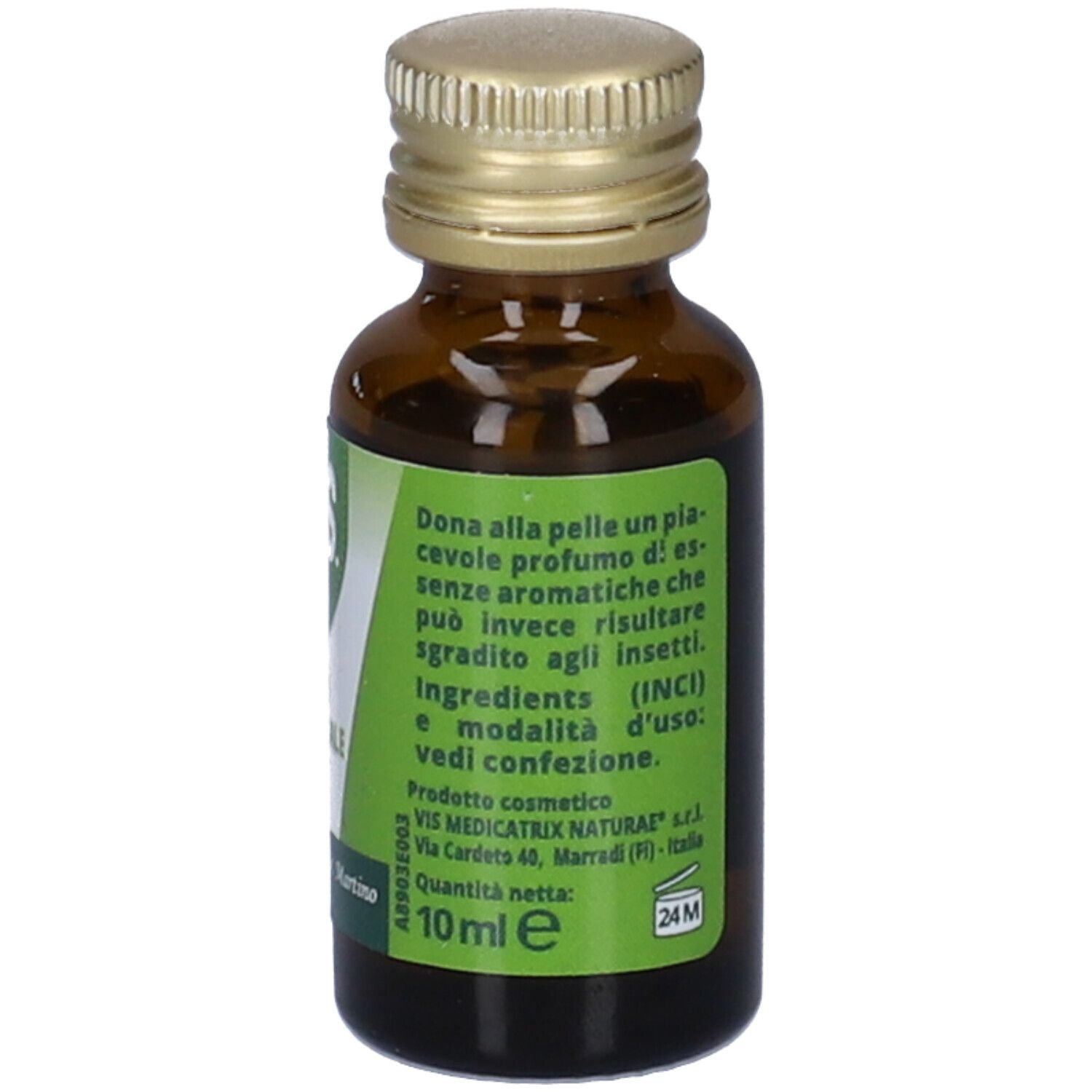 Flacone di vetro marrone con tappo dorato. Etichetta verde con testo sulla cura della pelle. Produttore: Giorgini Dr. Martino.