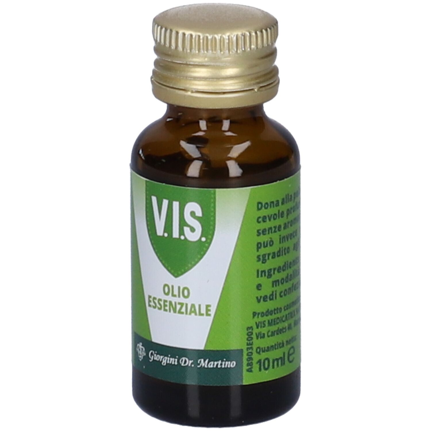 Flacone di vetro marrone con tappo dorato. Etichetta verde con testo: V.I.S. Olio Essenziale. Produttore: Giorgini Dr. Martino.