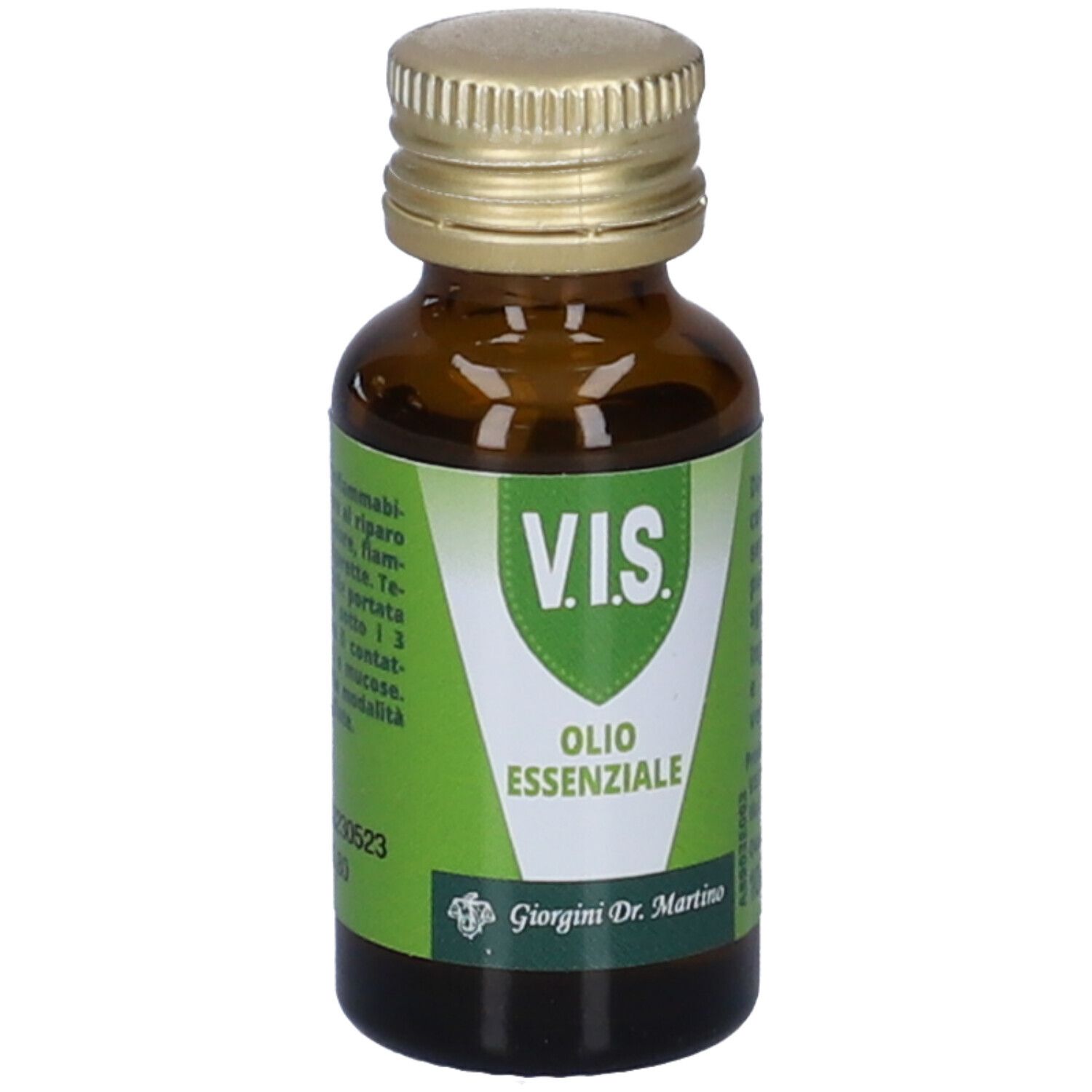 Flacone di vetro marrone con tappo dorato. Etichetta verde con testo: V.I.S. Olio Essenziale. Produttore: Giorgini Dr. Martino.