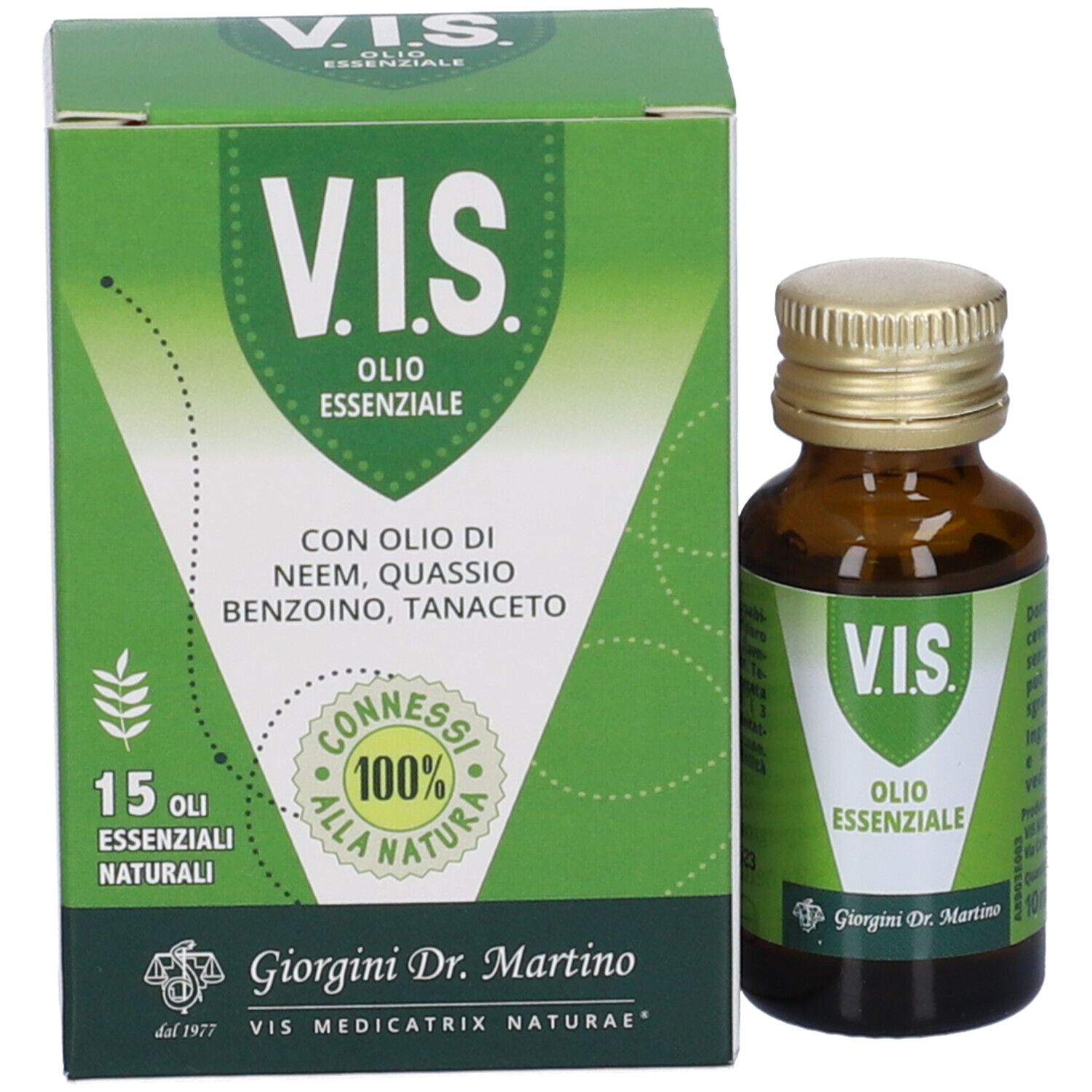 Confezione e flacone del prodotto. Scatola verde con testo: V.I.S. Olio Essenziale. Flacone con tappo dorato.