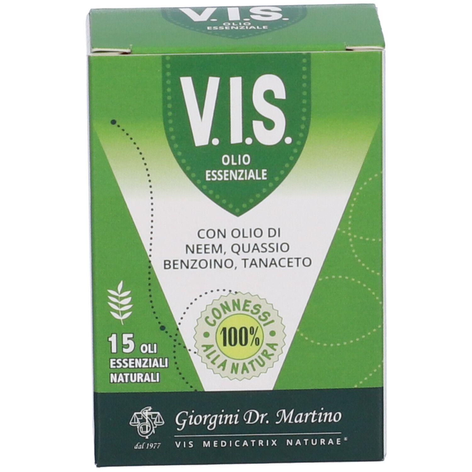 Confezione verde del prodotto con testo: V.I.S. Olio Essenziale. Contiene 15 oli essenziali. Produttore: Giorgini Dr. Martino.