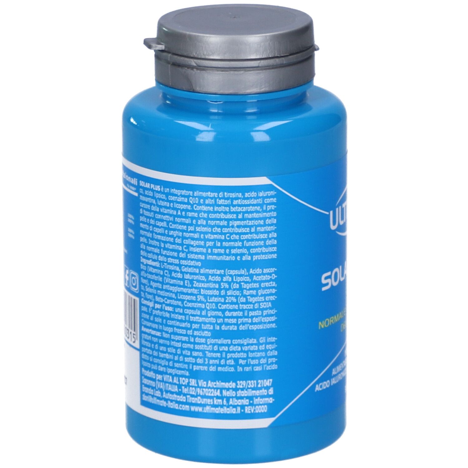 Flacone blu con tappo argentato. Retro con testo. Contiene informazioni sugli ingredienti, valori nutrizionali e produttore.