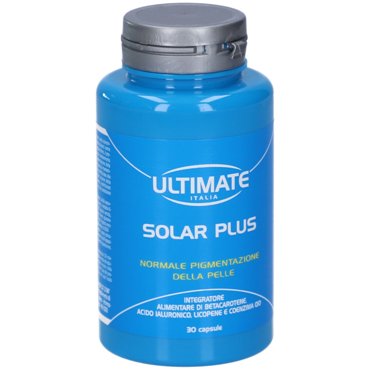 Flacone blu con tappo argentato. Scritta: ULTIMATE ITALIA, SOLAR PLUS, 30 capsule. Contiene betacarotene, acido ialuronico, licopene.