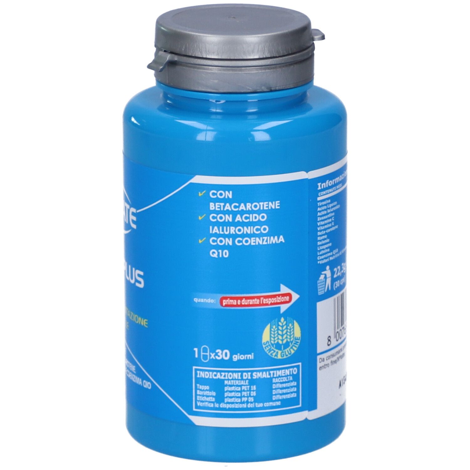 Flacone blu con tappo argentato. Retro con testo. Contiene betacarotene, acido ialuronico, coenzima Q10. 1x30 capsule.