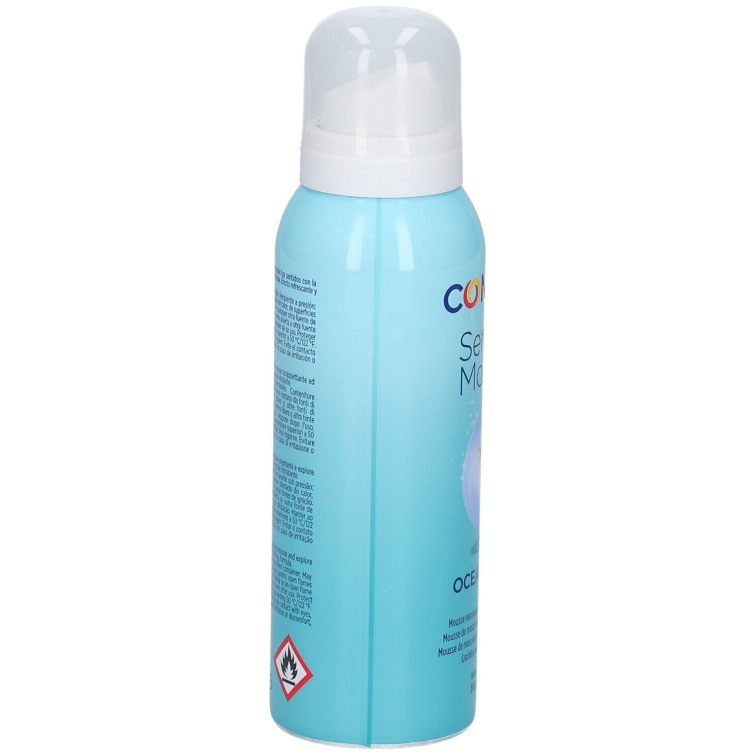 Flacone azzurro con testo e avvertenze. Erogatore bianco. Scritta: CONTROL Sensual Mousse Ocean Wave.