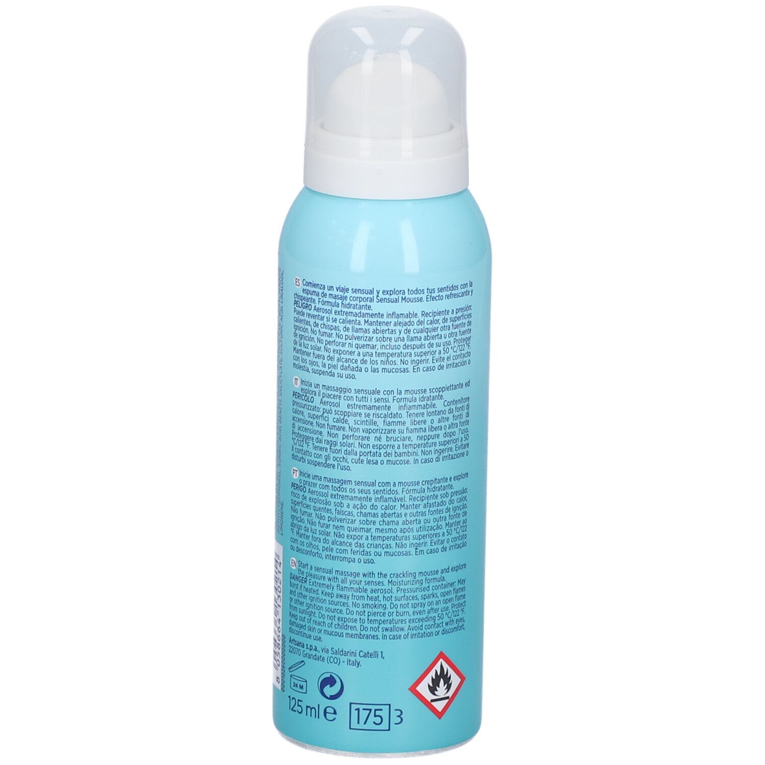 Flacone azzurro con testo e avvertenze. Erogatore bianco. Scritta: CONTROL Sensual Mousse Ocean Wave. 125ml.