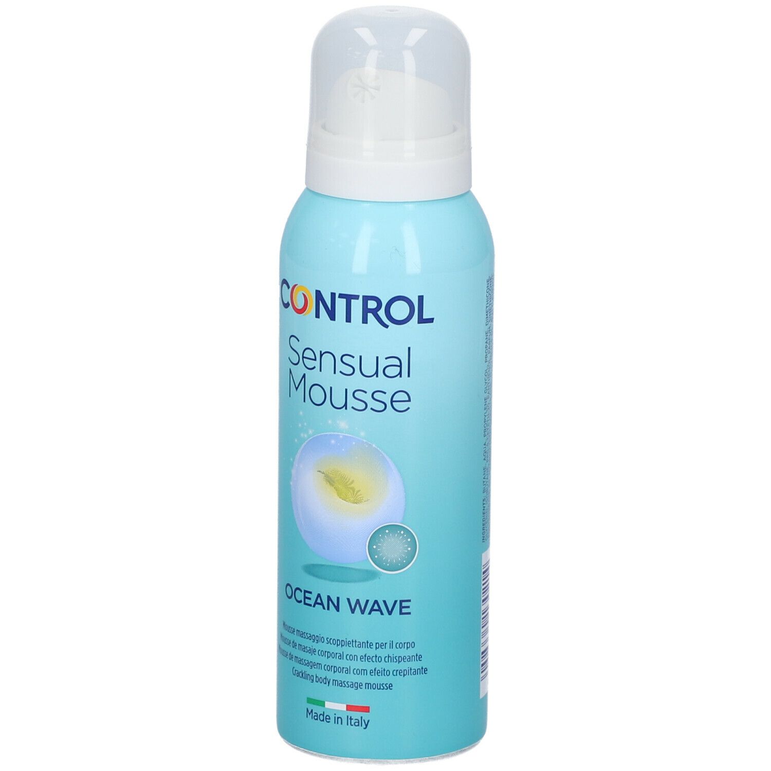 Flacone azzurro con erogatore bianco. Scritta: CONTROL Sensual Mousse Ocean Wave. Prodotto in Italia.
